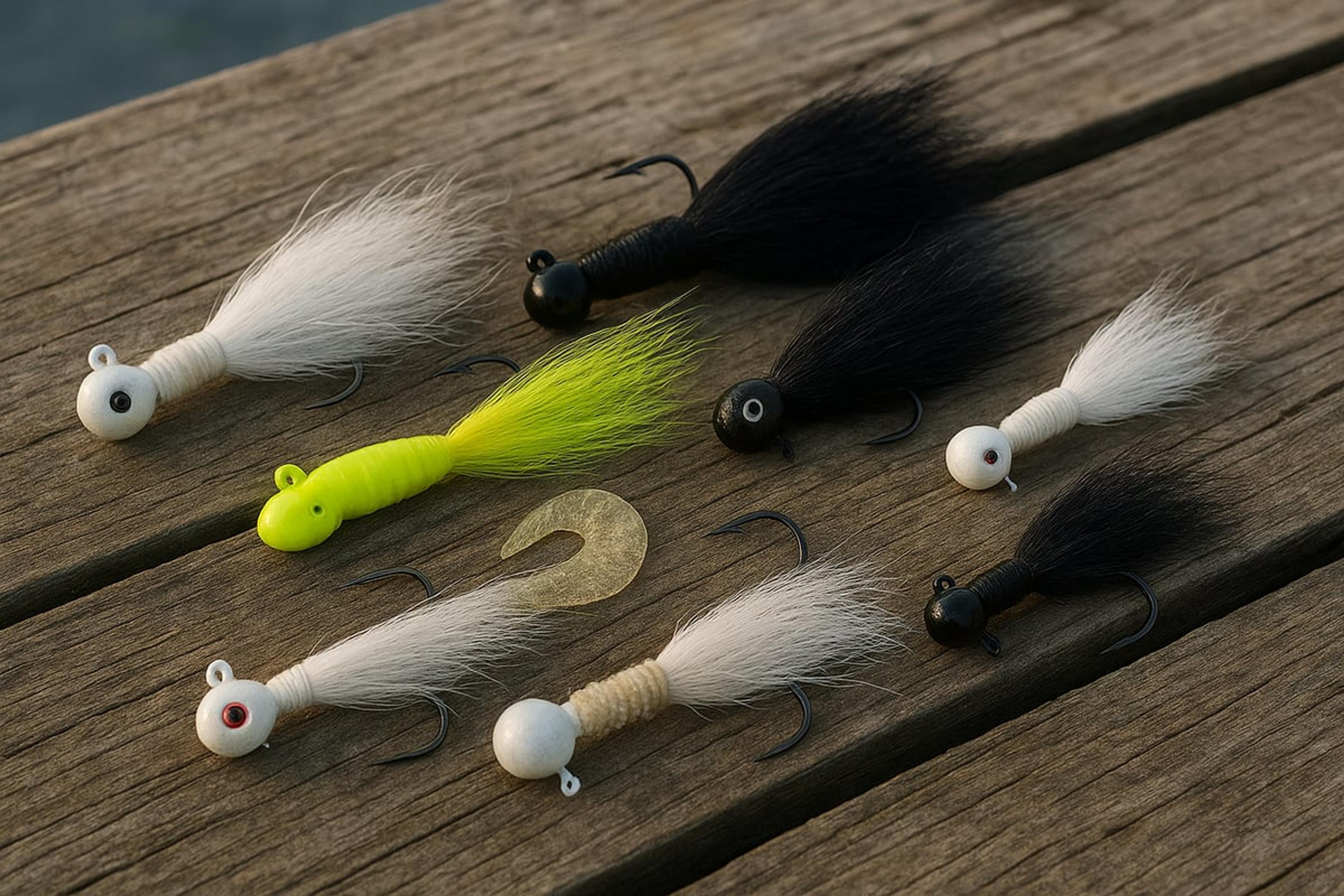Assorted bucktail jigs in white, black and chartreuse, some fitted with soft-plastic trailers, on a dock