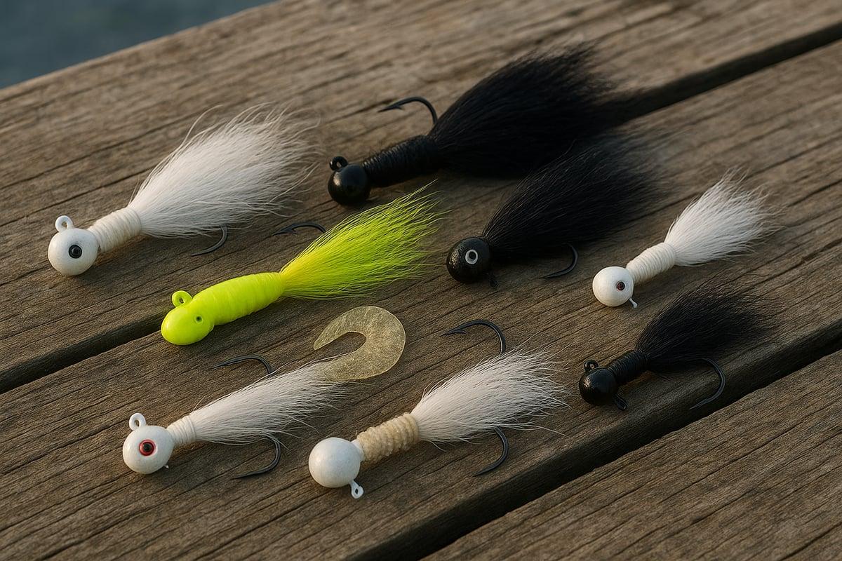 Assorted bucktail jigs in white, black and chartreuse, some fitted with soft-plastic trailers, on a dock
