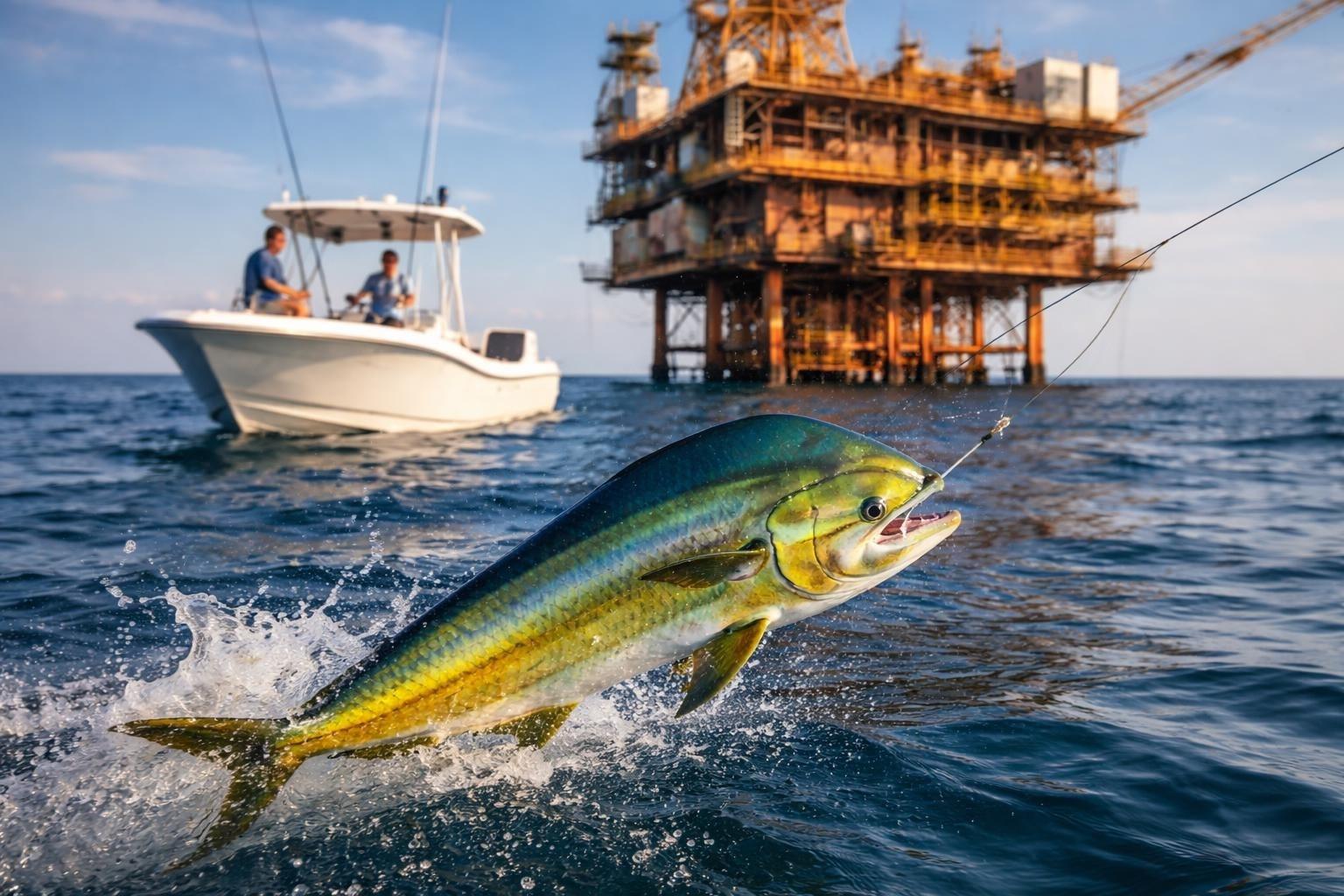 Mahi-mahi leaping from the water with a line in its mouth, with a center-console boat and an offshore oil platform behind