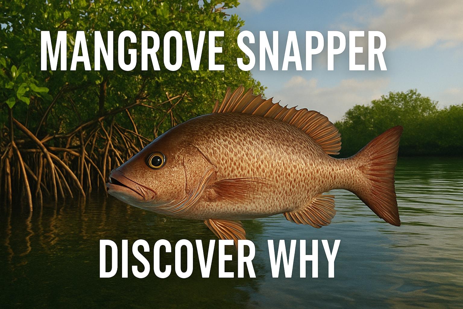 Title graphic reading “Mangrove Snapper – Discover why” over a reddish-brown snapper in front of mangrove roots