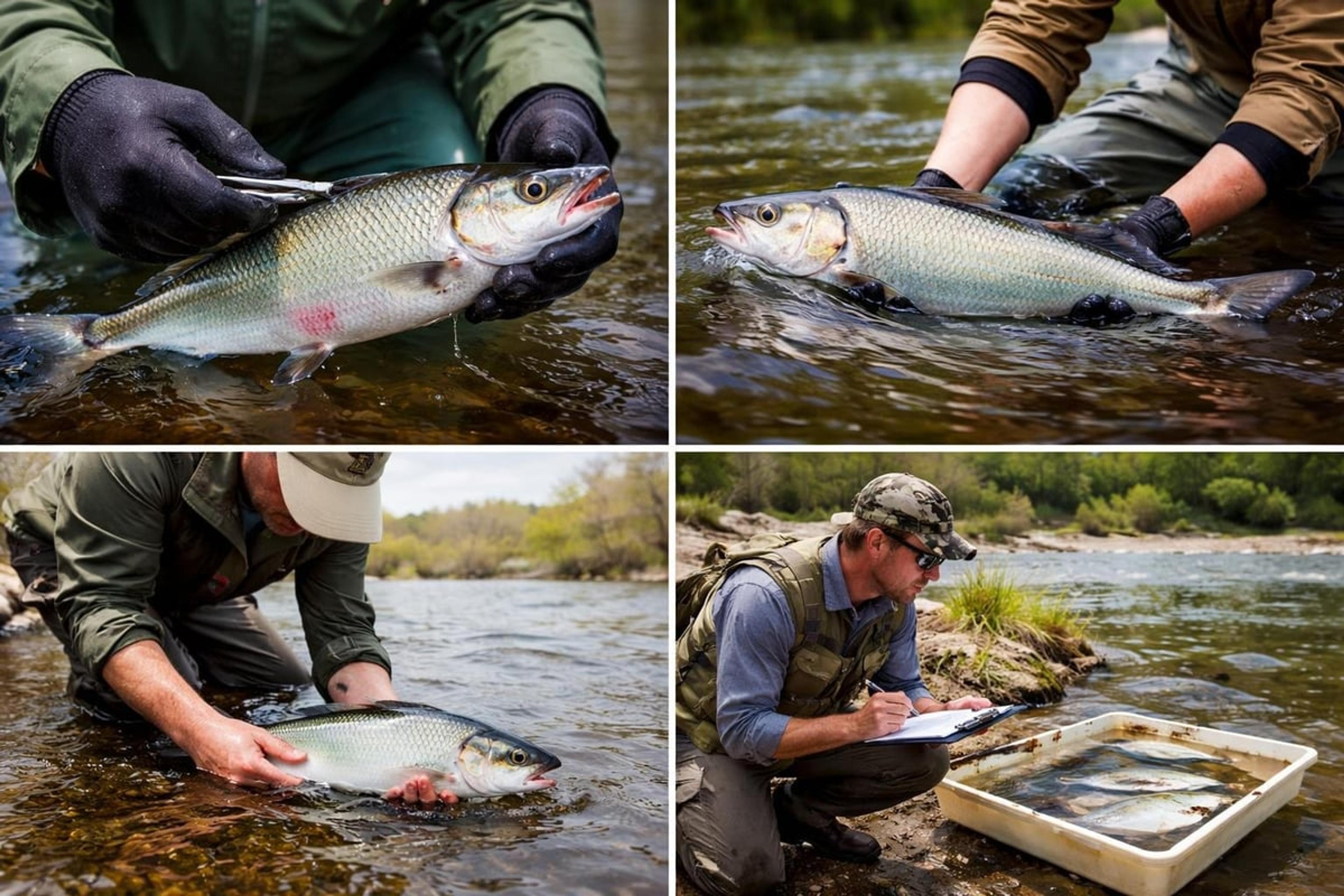 Four panels of anglers handling and releasing shad in a river, and a person recording fish from a tray on a clipboard