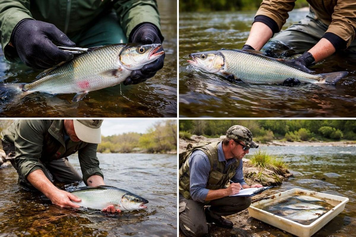 Four panels of anglers handling and releasing shad in a river, and a person recording fish from a tray on a clipboard