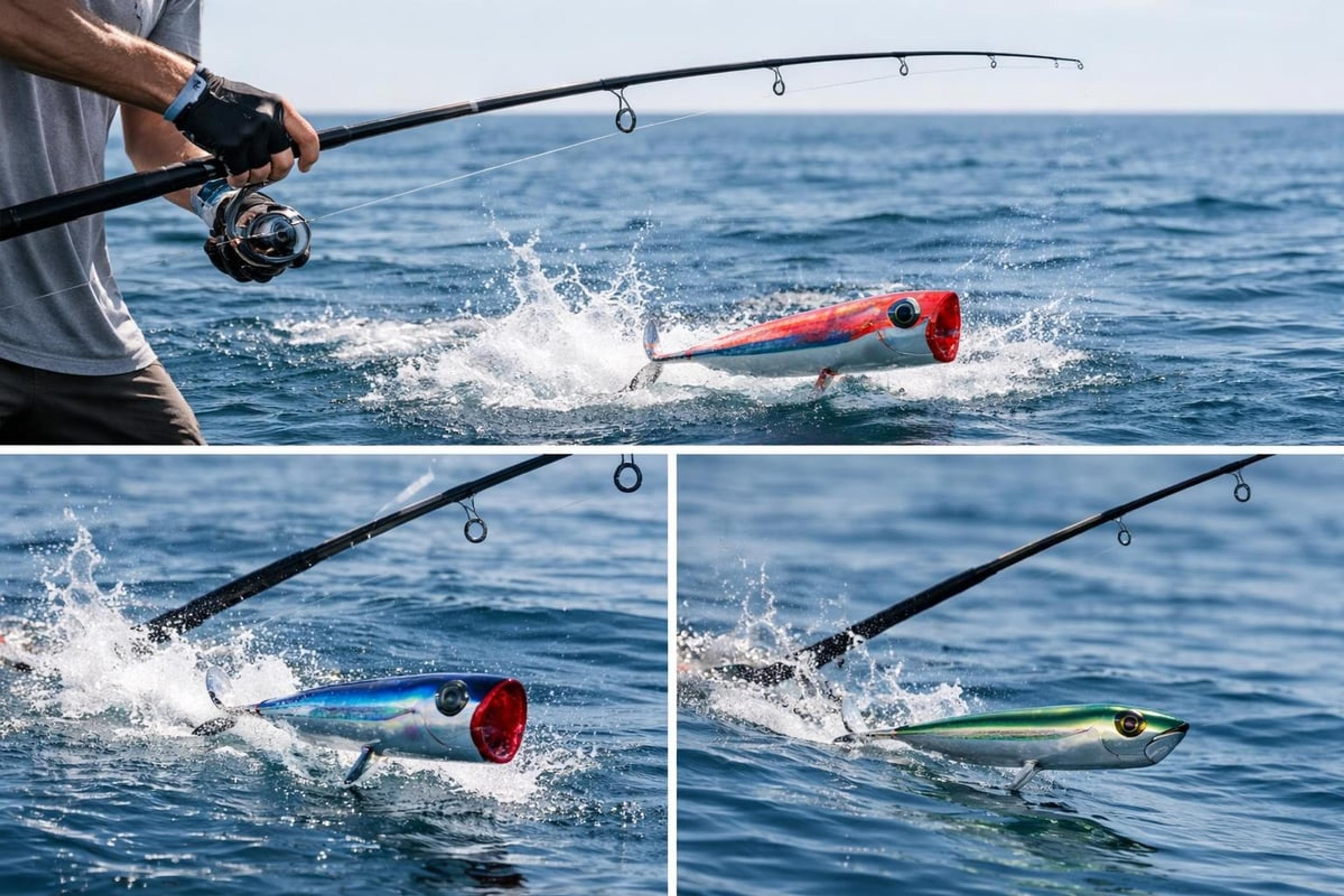 Three views of a fishing rod working topwater popper lures that splash across the surface of the open ocean