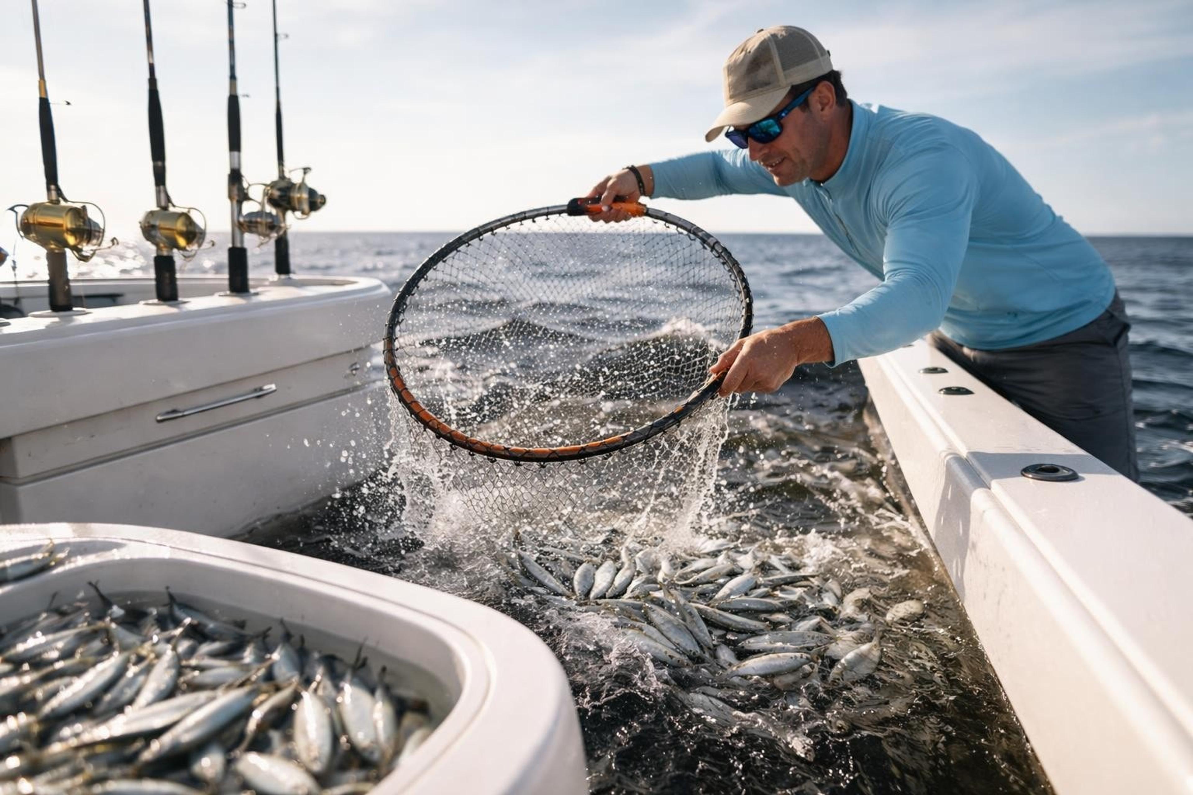 Angler leaning over the side of a boat scooping baitfish with a round hoop net, next to a bin already holding silver baitfish
