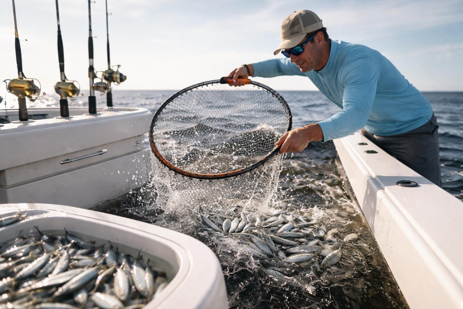 Angler leaning over the side of a boat scooping baitfish with a round hoop net, next to a bin already holding silver baitfish