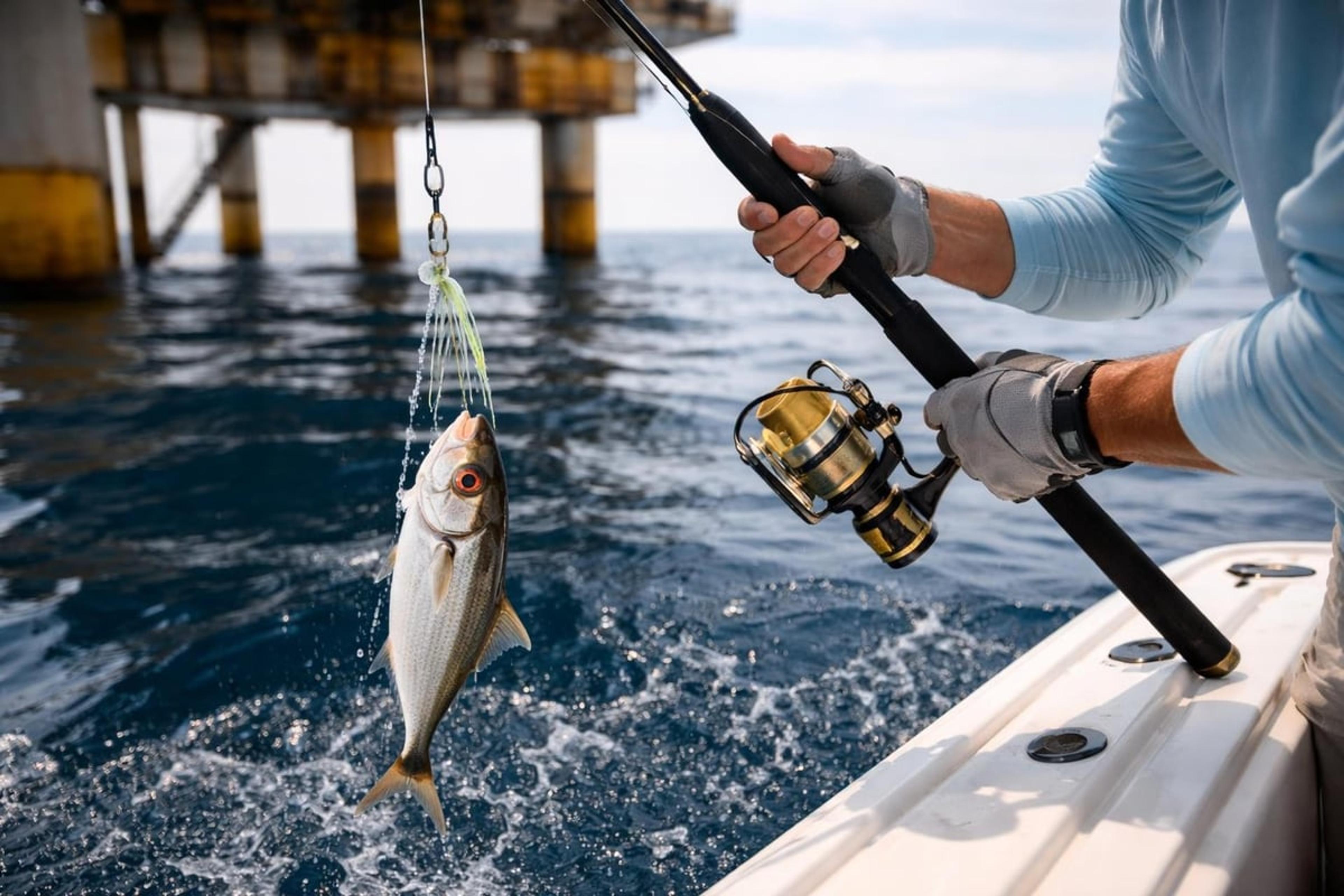 Angler in gloves reeling a small silver baitfish up beside a boat, with an offshore platform in the background