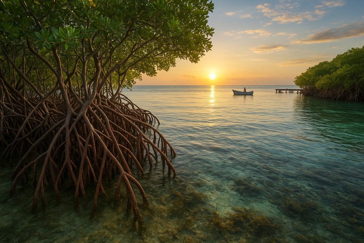 Mangrove shoreline with arching roots in clear, shallow water at sunset