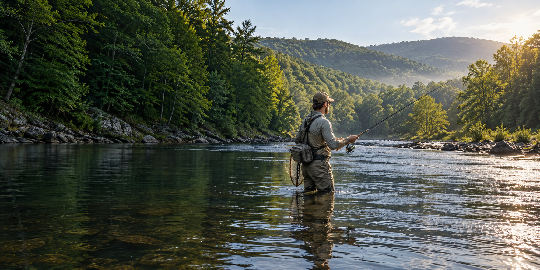 An angler wades a clear, forested river and casts on a bright morning, with a landing net clipped to a pack.