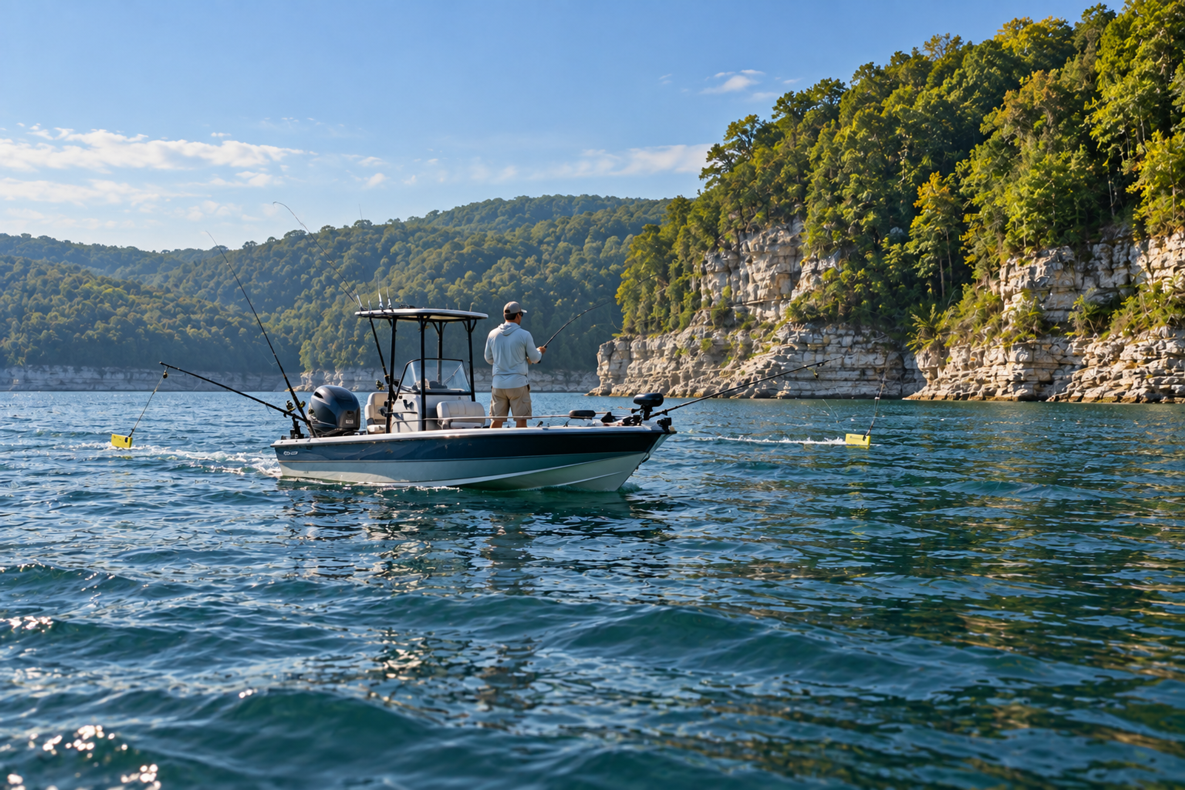 An angler trolls planer-board lines from a center-console boat on a wide reservoir below forested hills and pale limestone bluffs.