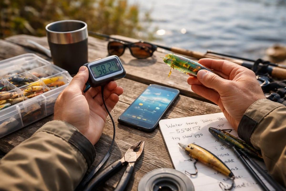 Angler holding a digital water thermometer and a crankbait over a notebook of water-temperature notes, with a tackle box and phone on the table