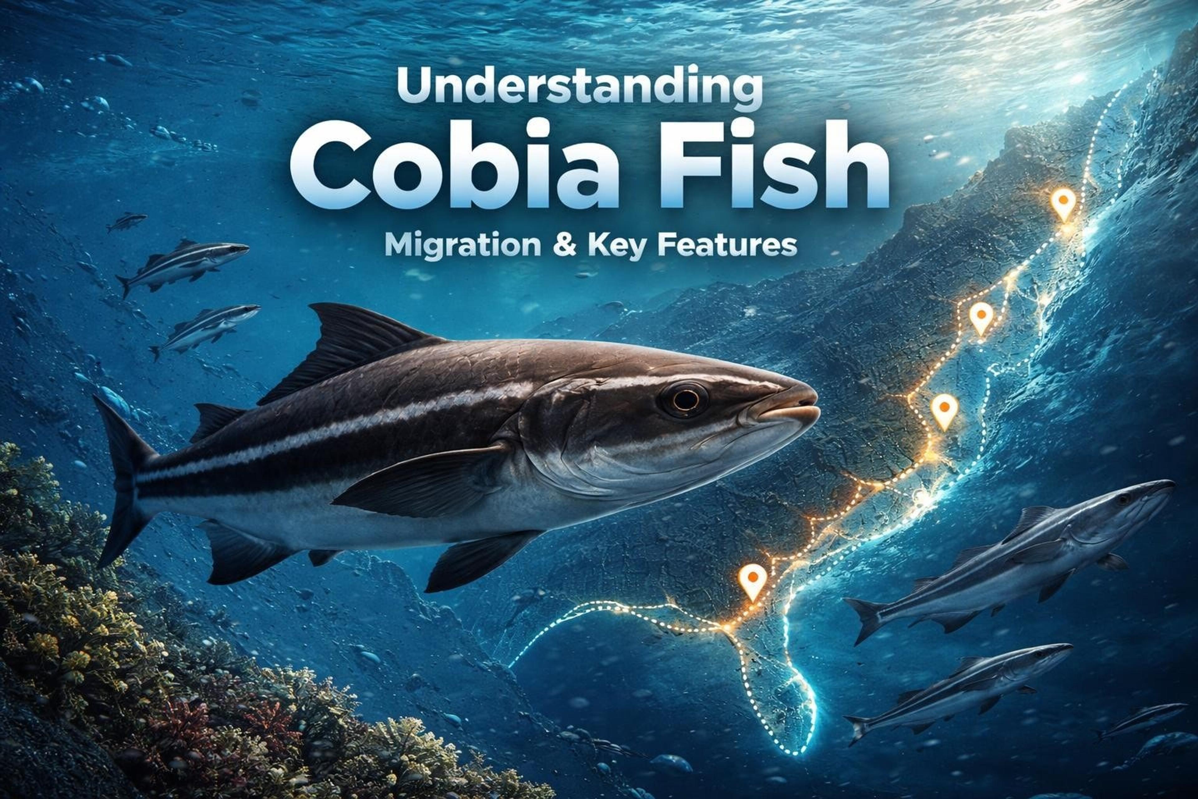 Cobia swimming over a reef beneath the words “Understanding Cobia Fish – Migration & Key Features”, with a glowing route traced along a coastline