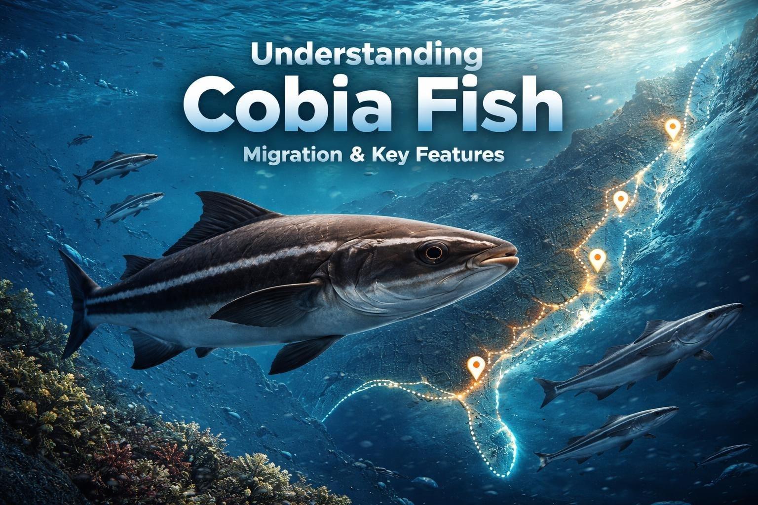 Cobia swimming over a reef beneath the words “Understanding Cobia Fish – Migration & Key Features”, with a glowing route traced along a coastline