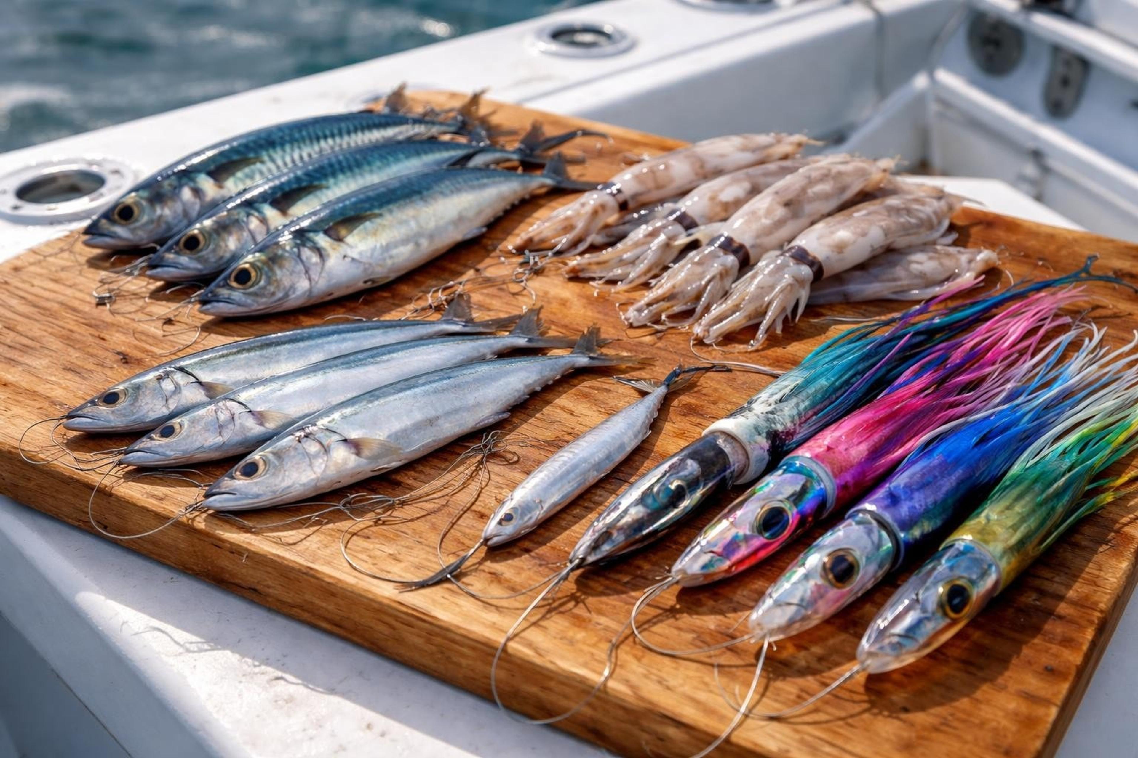 Mackerel, squid and a ballyhoo laid out on a cutting board aboard a boat beside several skirted trolling lures