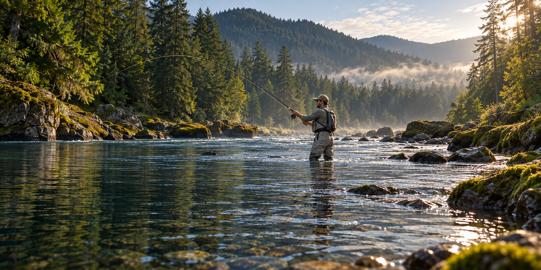 An angler wades a clear, rocky river and casts beneath tall evergreens, with mist over the forested hills.