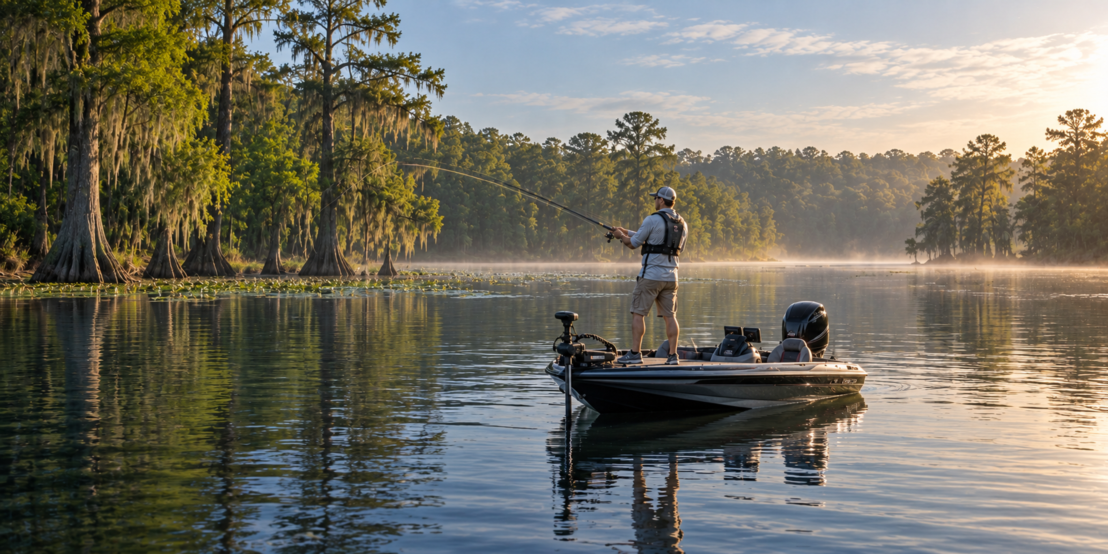 An angler casts from a bass boat on a misty lake lined with moss-draped cypress trees at sunrise.