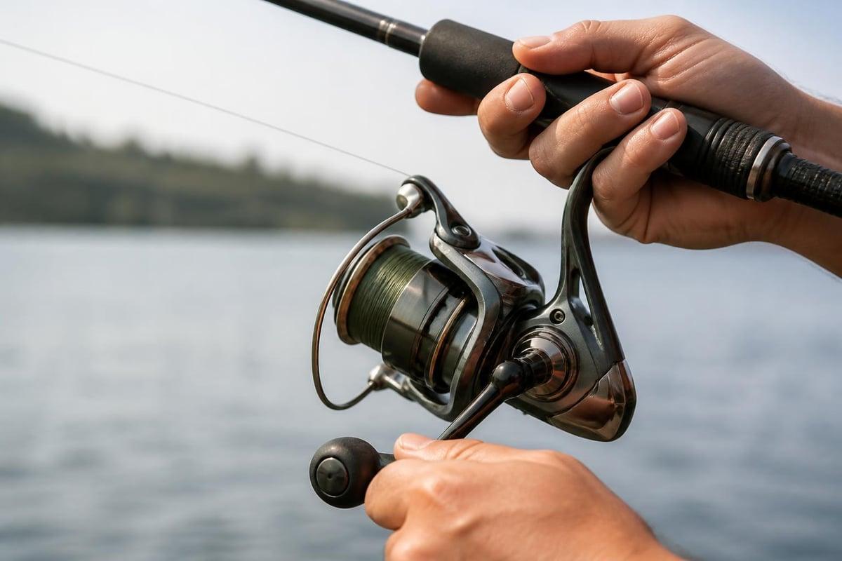 Hands turning the handle of a spinning reel on a rod beside a lake