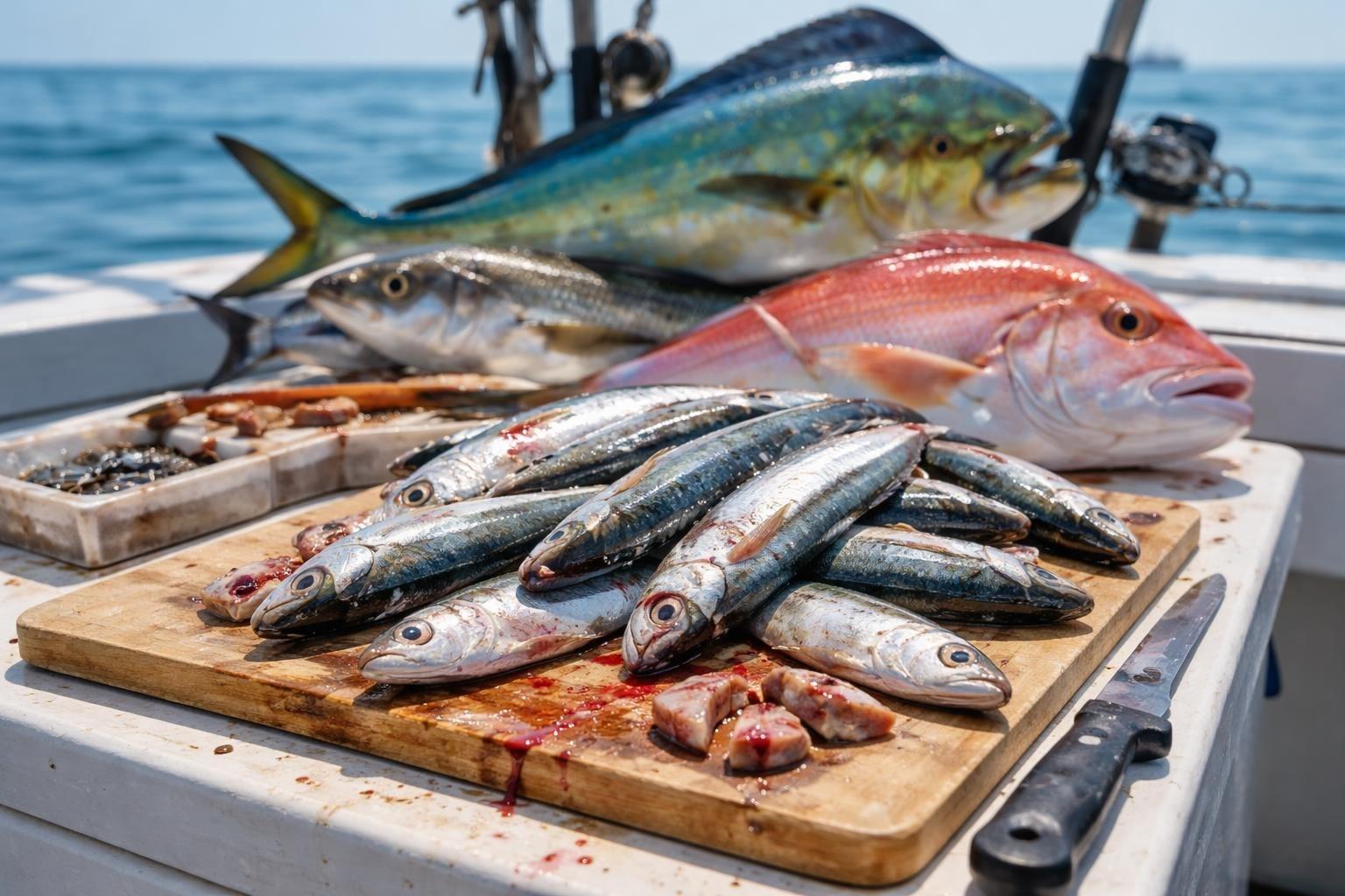 Pilchards on a cutting board on a boat, with a mahi-mahi, a red snapper and a larger silver fish behind