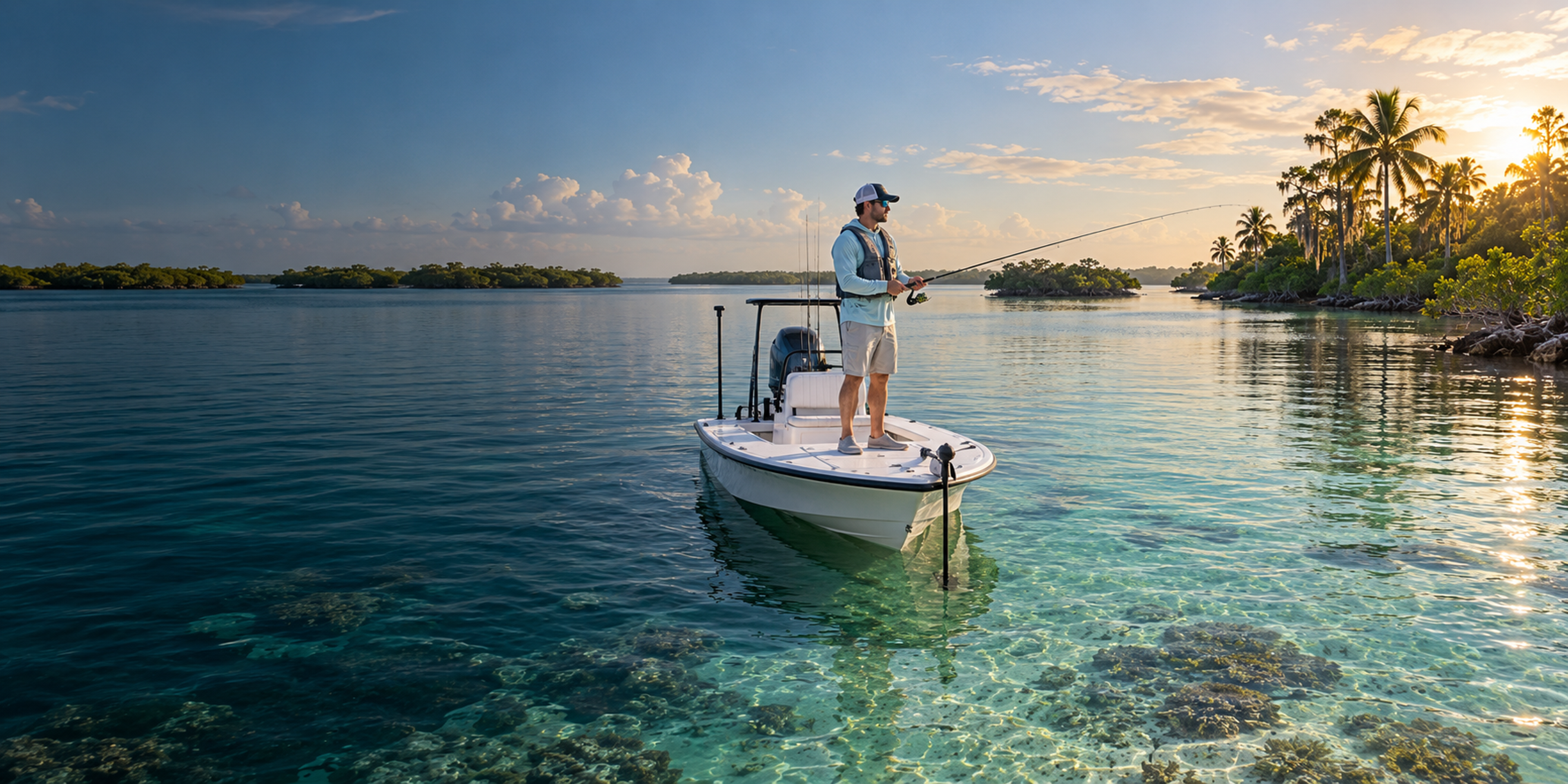An angler casts from a flats boat over clear, shallow water near mangrove islands and palm trees at sunrise.