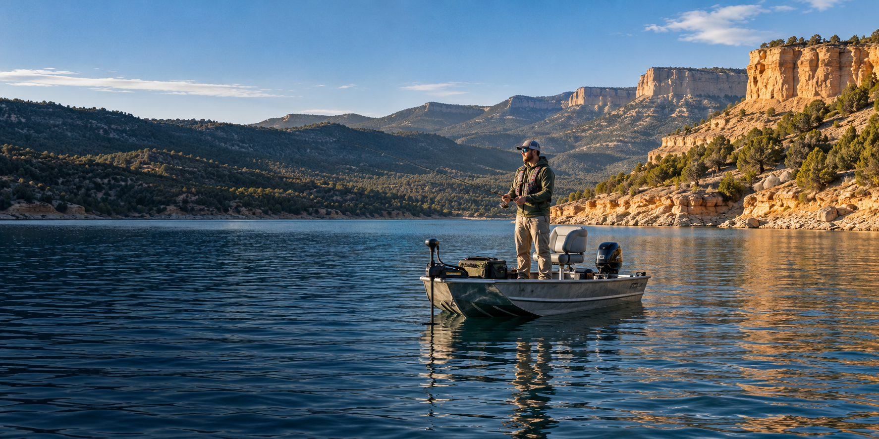 An angler casts from a small aluminum boat on a clear reservoir beneath sandstone cliffs and juniper-covered hills.