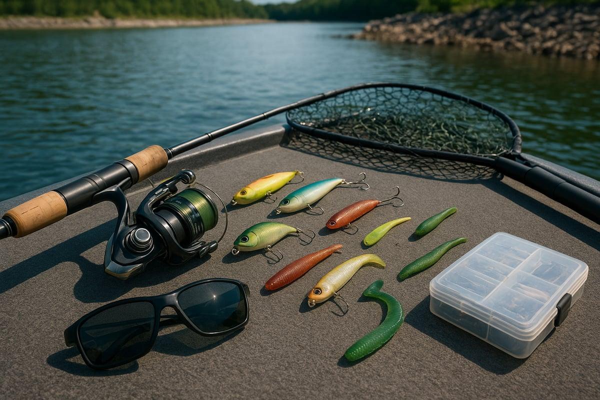 Spinning rod, landing net, sunglasses and assorted crankbaits, jerkbaits and soft plastics laid out on a boat deck