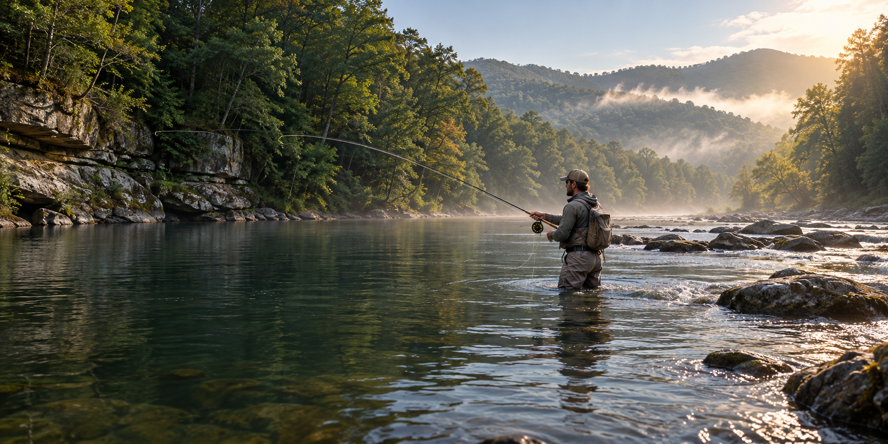 A fly angler wades a rocky river on a misty morning beneath steep, forested mountains.