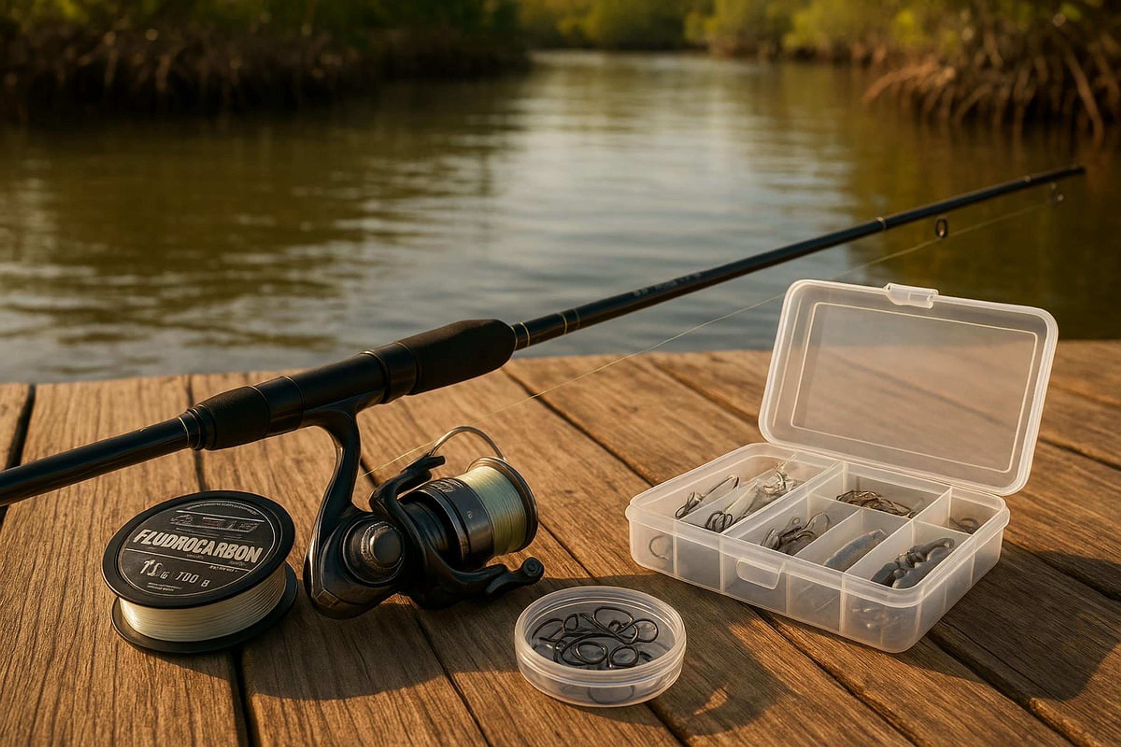 Spinning rod, a spool of fluorocarbon line and boxes of hooks and small weights on a dock beside mangroves