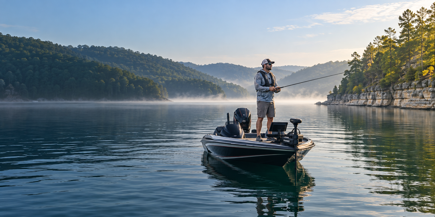 An angler casts from a bass boat on a misty lake between wooded hills and limestone bluffs.