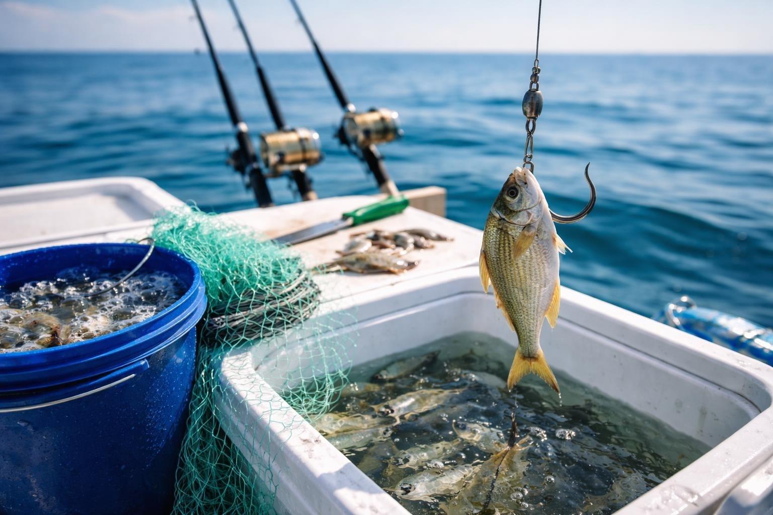Pinfish hooked on a line above a cooler full of live baitfish on a boat, with rods in holders behind