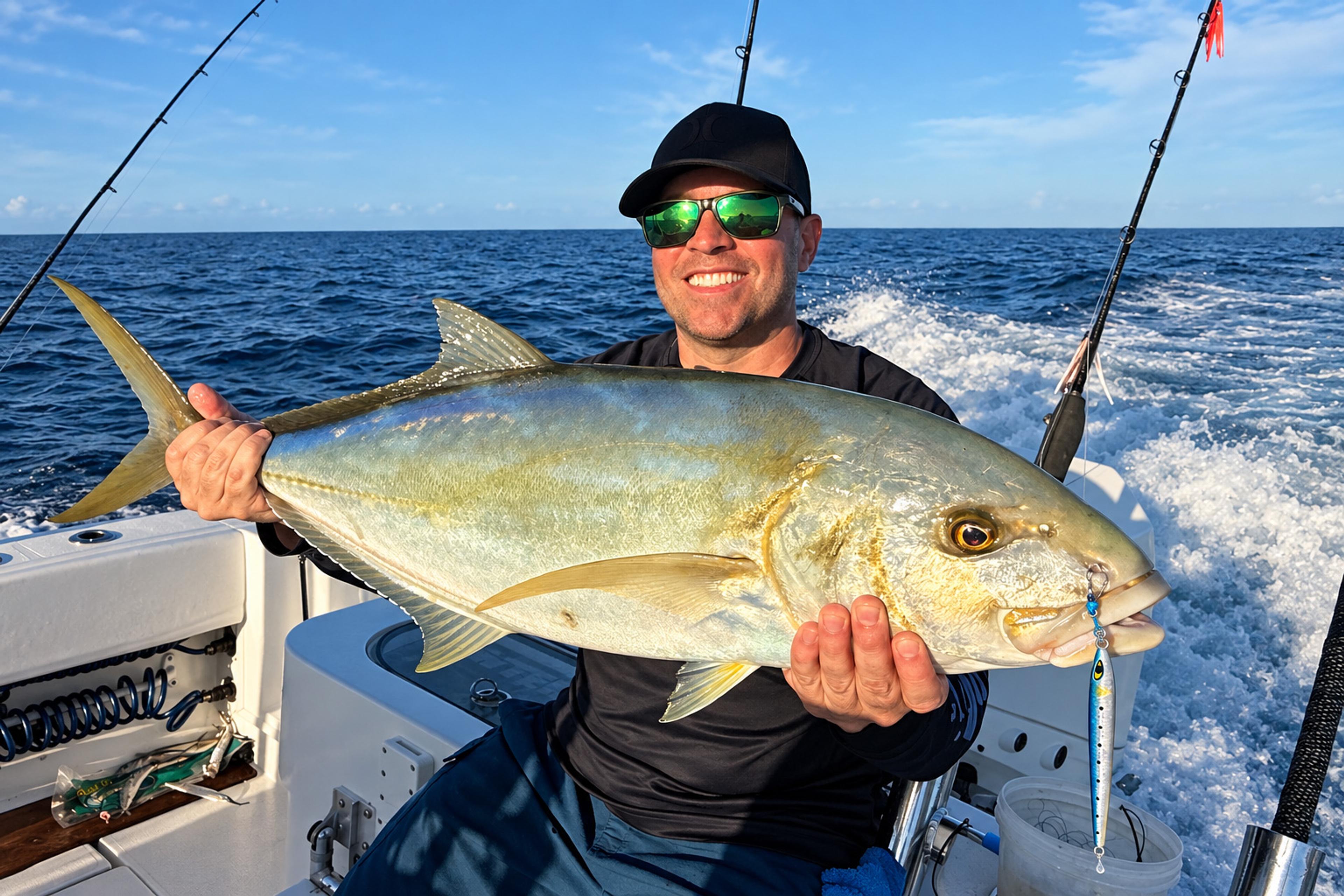 An angler on a boat offshore holds a large yellow jack with a slim blue-and-silver vertical jig in its mouth