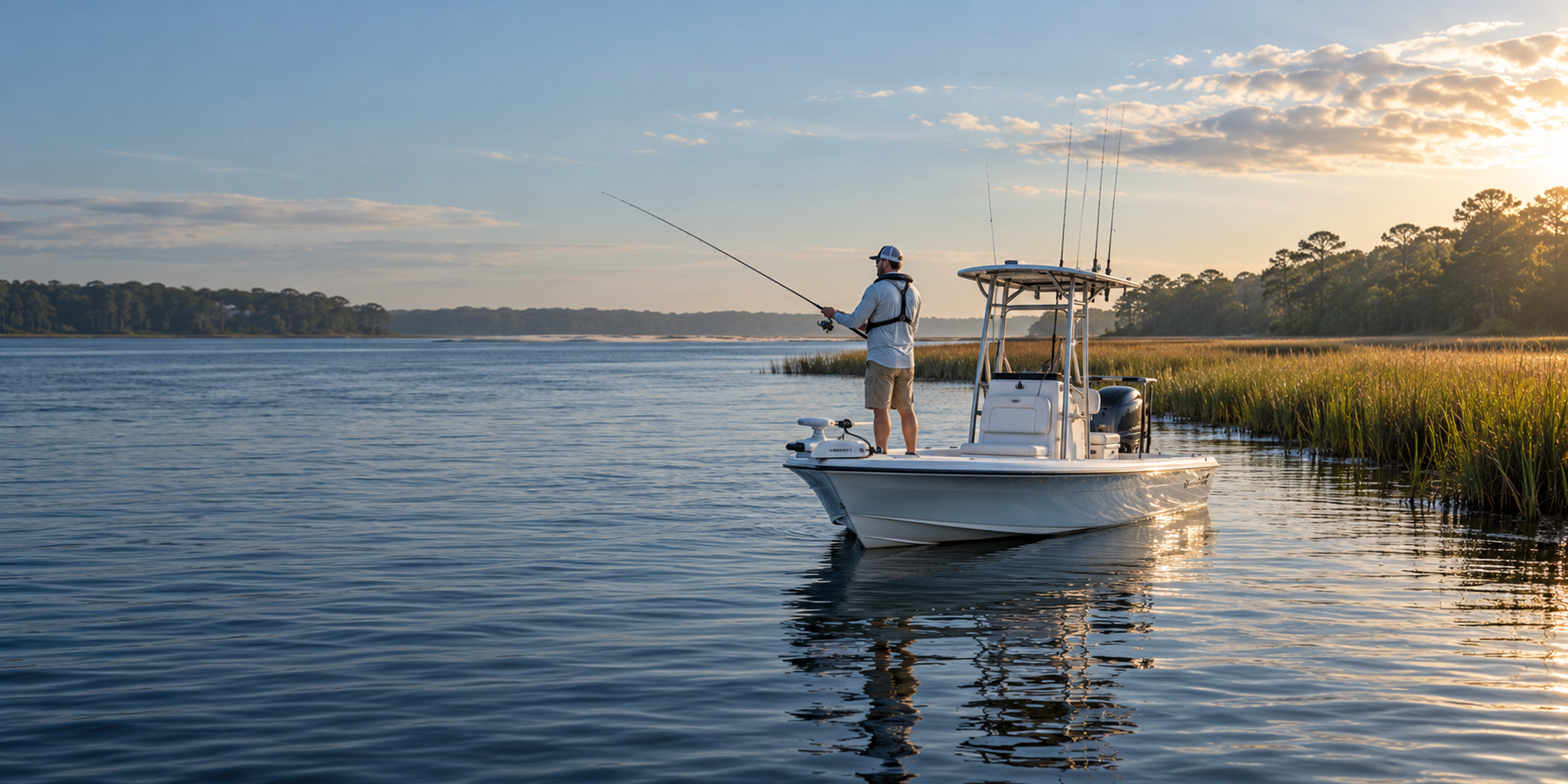 An angler casts from a center-console boat on a calm tidal river lined with marsh grass and pine trees at sunrise.