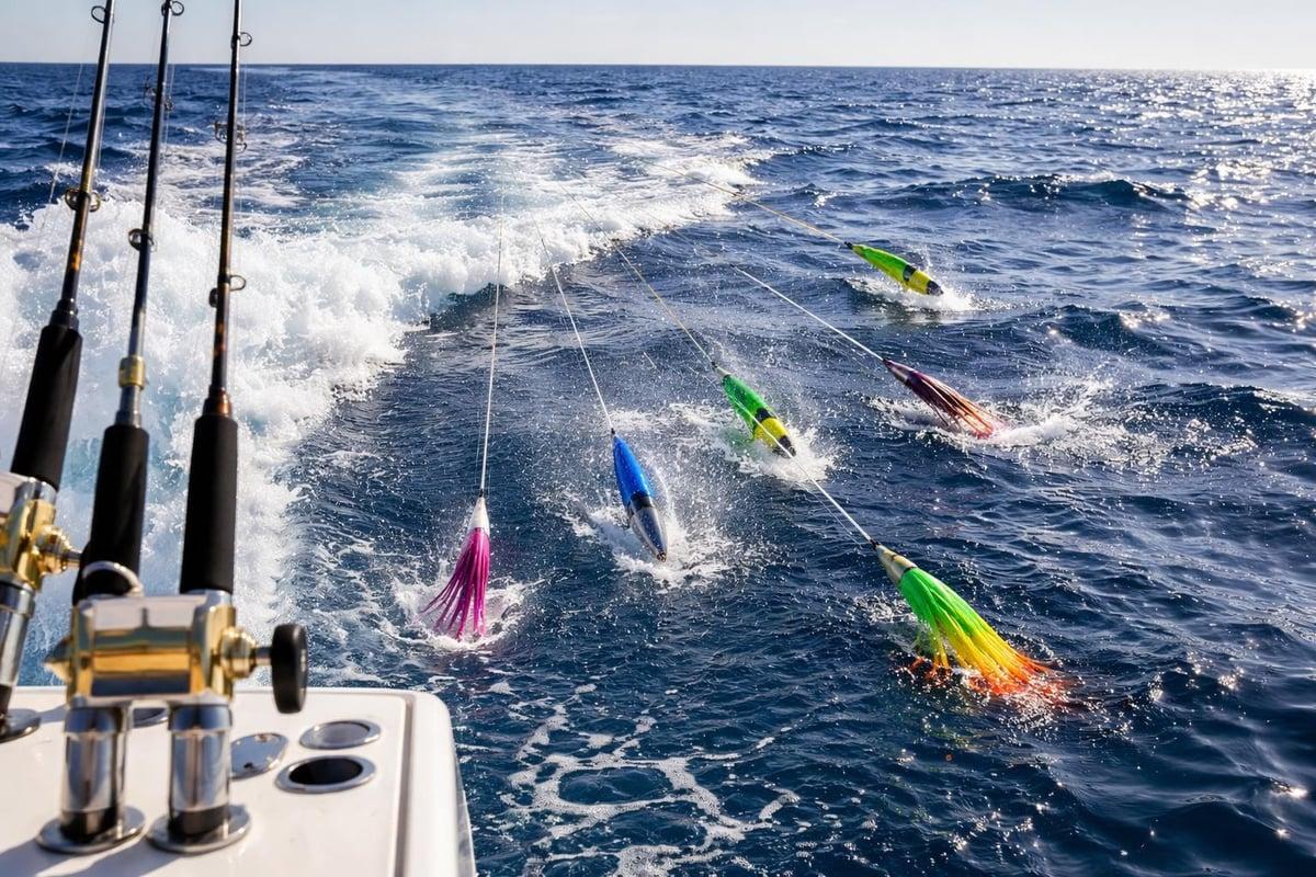View off the stern of a trolling boat with rods in holders and several colorful skirted lures skipping through the wake