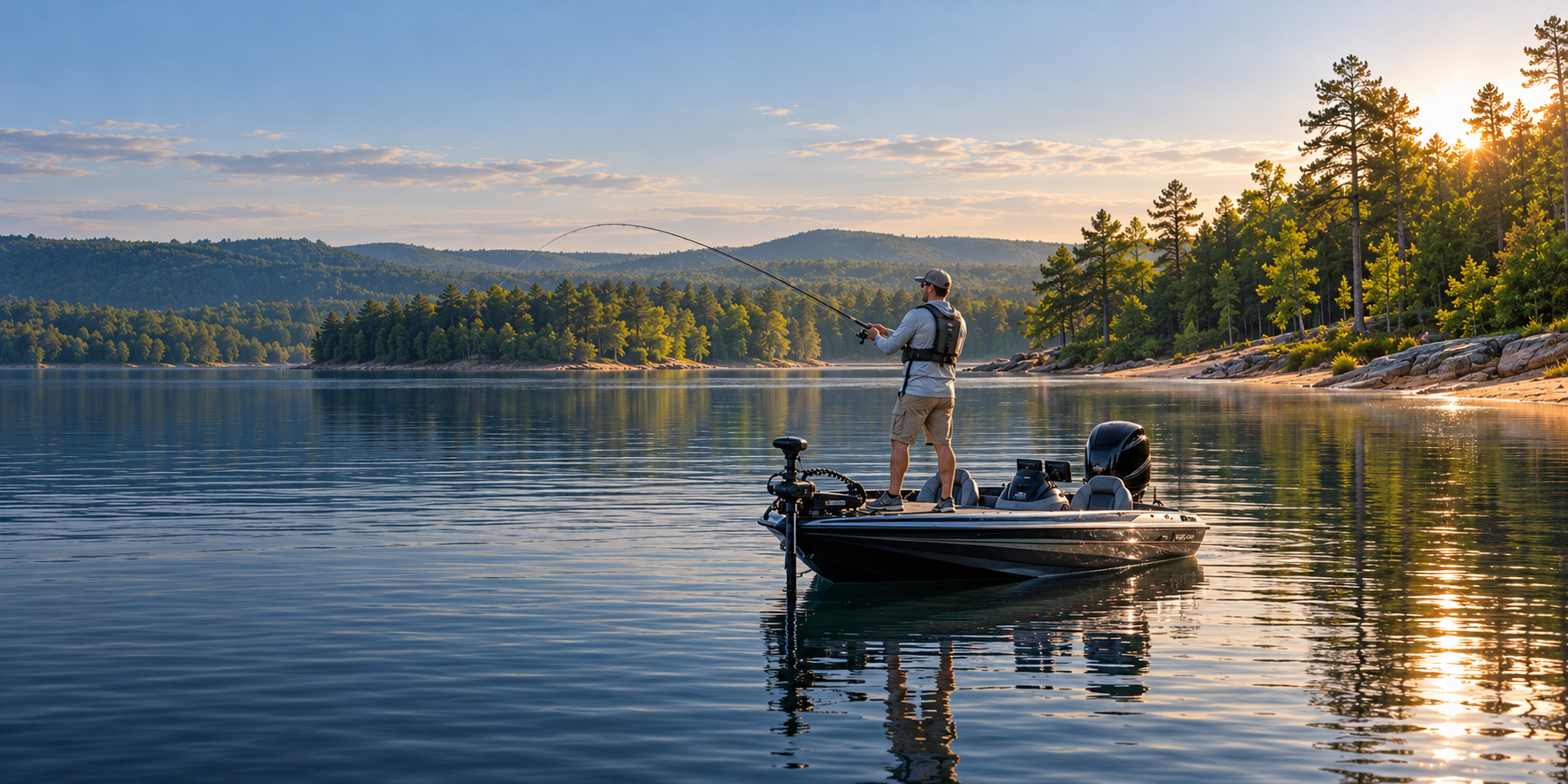 An angler casts from a bass boat on a broad, calm lake with a pine-covered shoreline and distant hills.