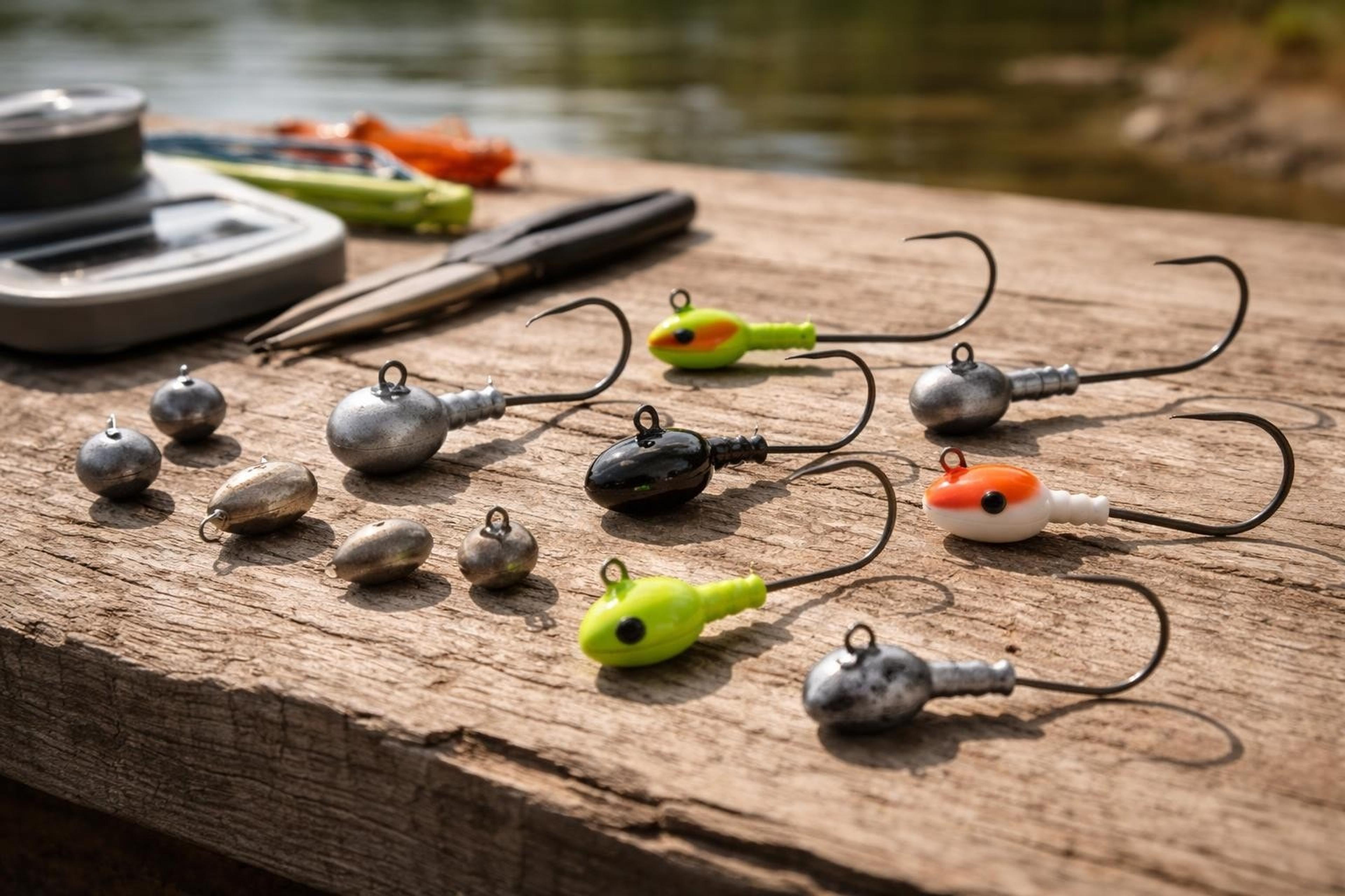 Assorted jig heads in bare lead, chartreuse, black and orange with various hook sizes on a weathered table