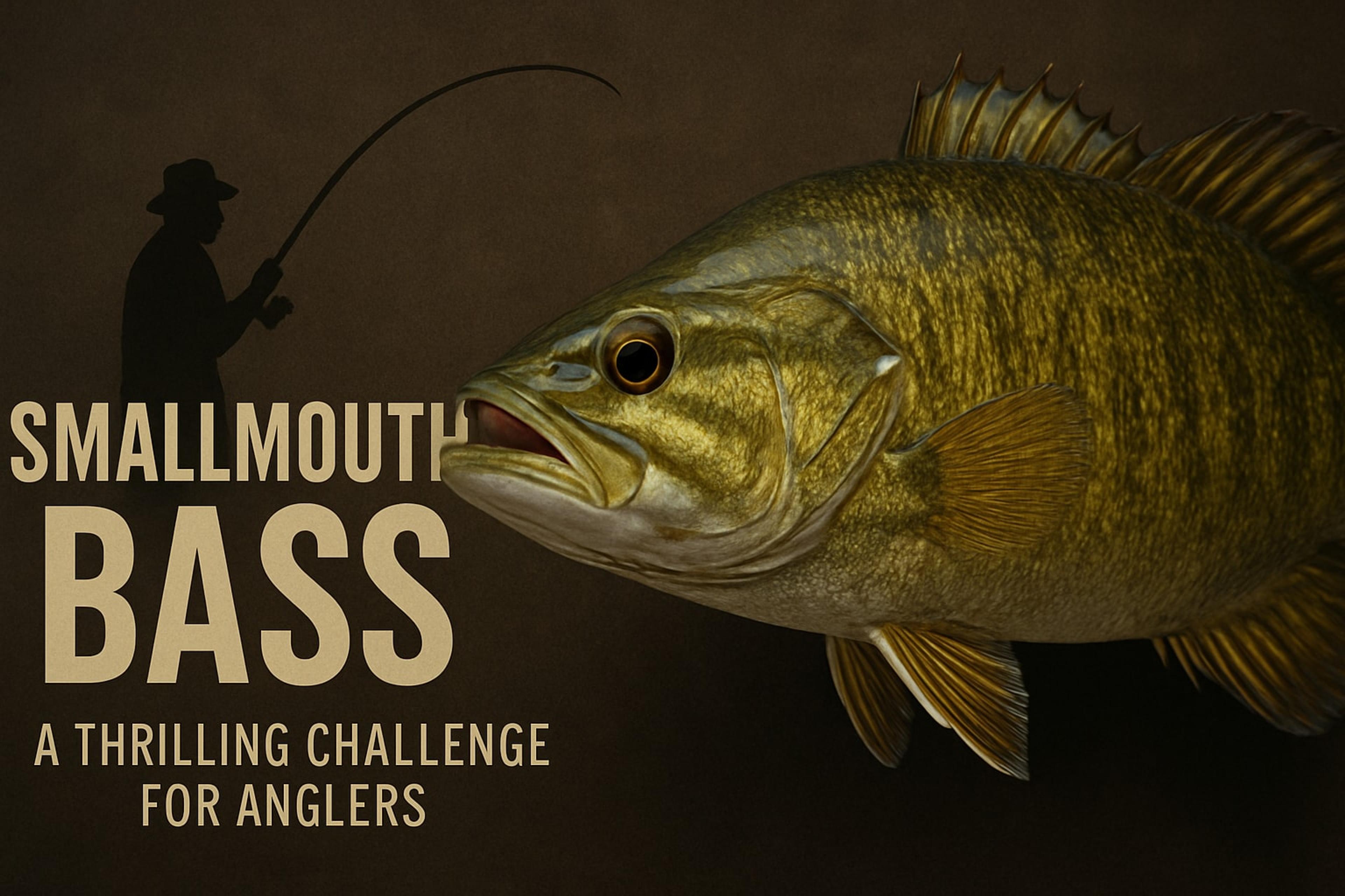 Title graphic reading “Smallmouth Bass – A thrilling challenge for anglers” beside a large smallmouth bass and a silhouetted angler