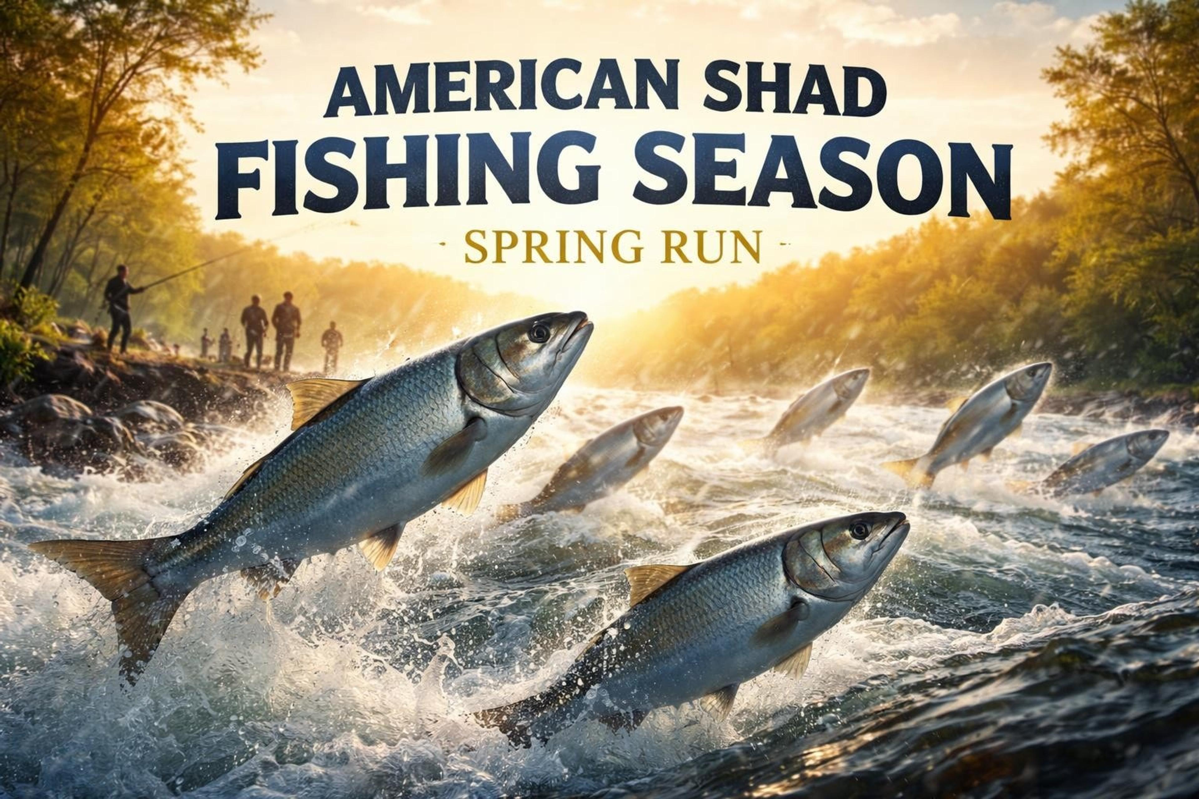 American shad leaping up a rushing river with anglers on the bank, beneath the words “American Shad Fishing Season – Spring Run”