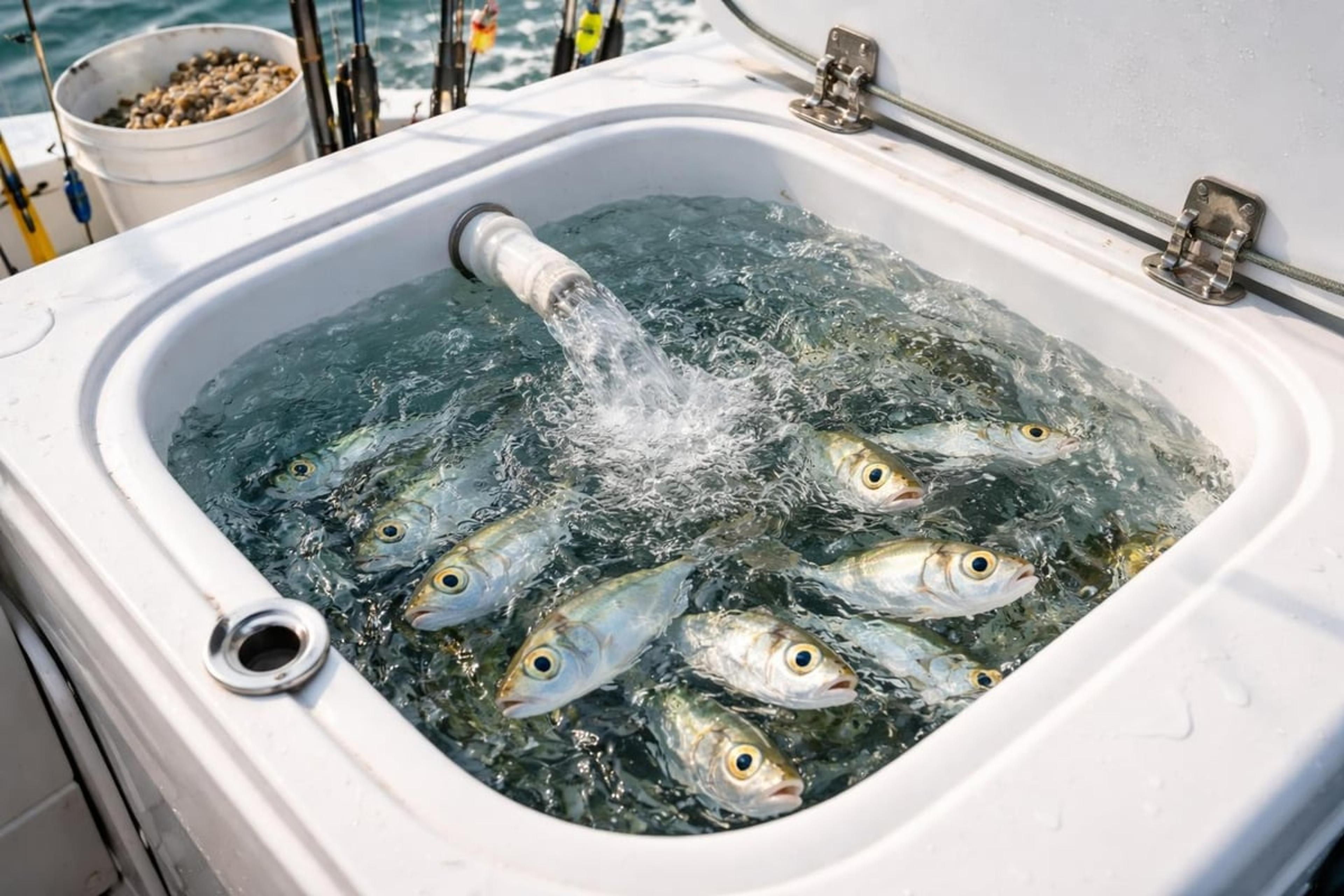Livewell with water pouring in from an inlet pipe and a school of small silver baitfish swimming inside