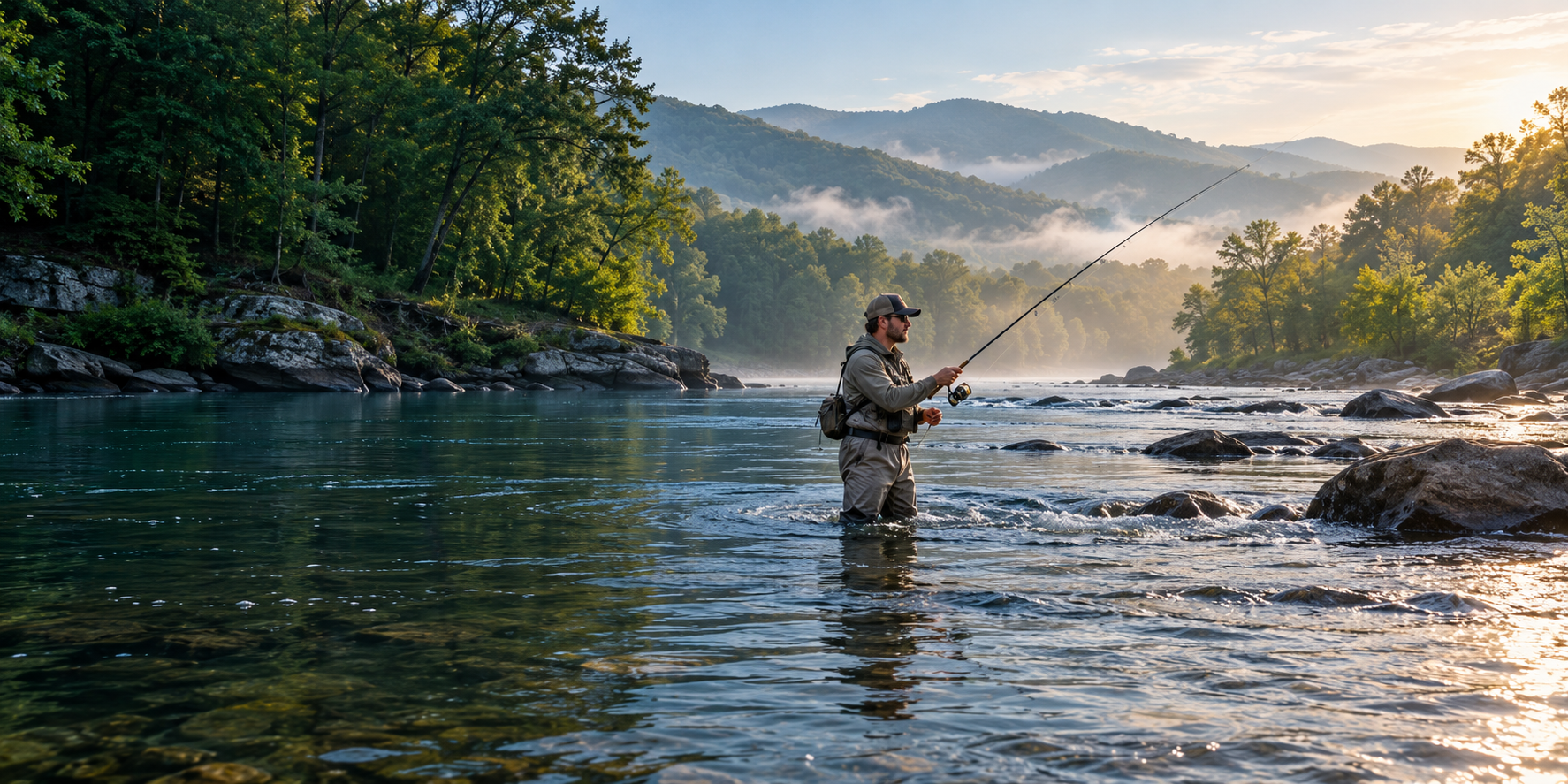 An angler wades a rocky river and casts on a misty morning, with forested mountains in the background.