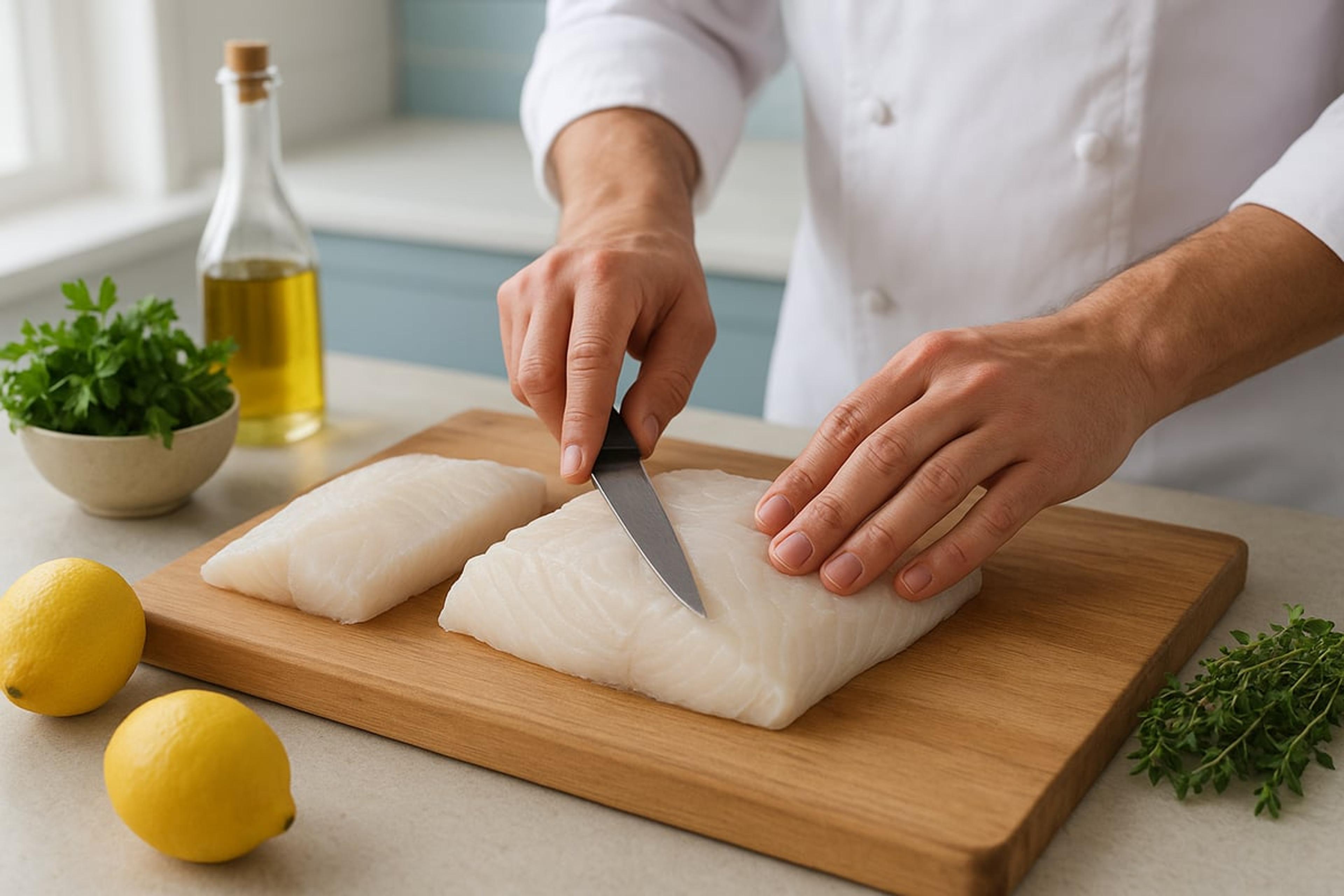 Hands slicing a halibut fillet on a cutting board, with lemons, herbs and olive oil nearby