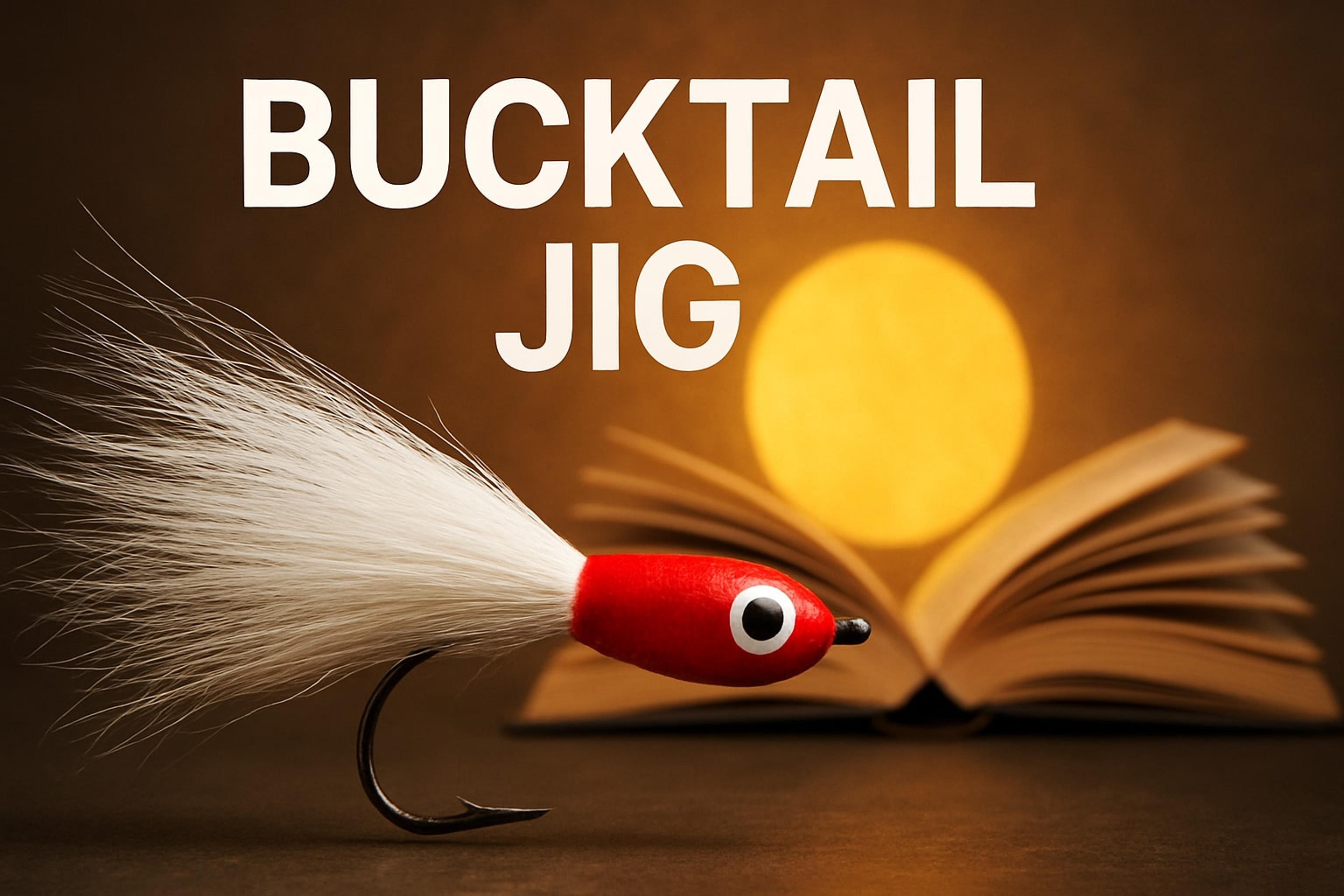 White bucktail jig with a red head in front of an open book, beneath the words “Bucktail Jig”
