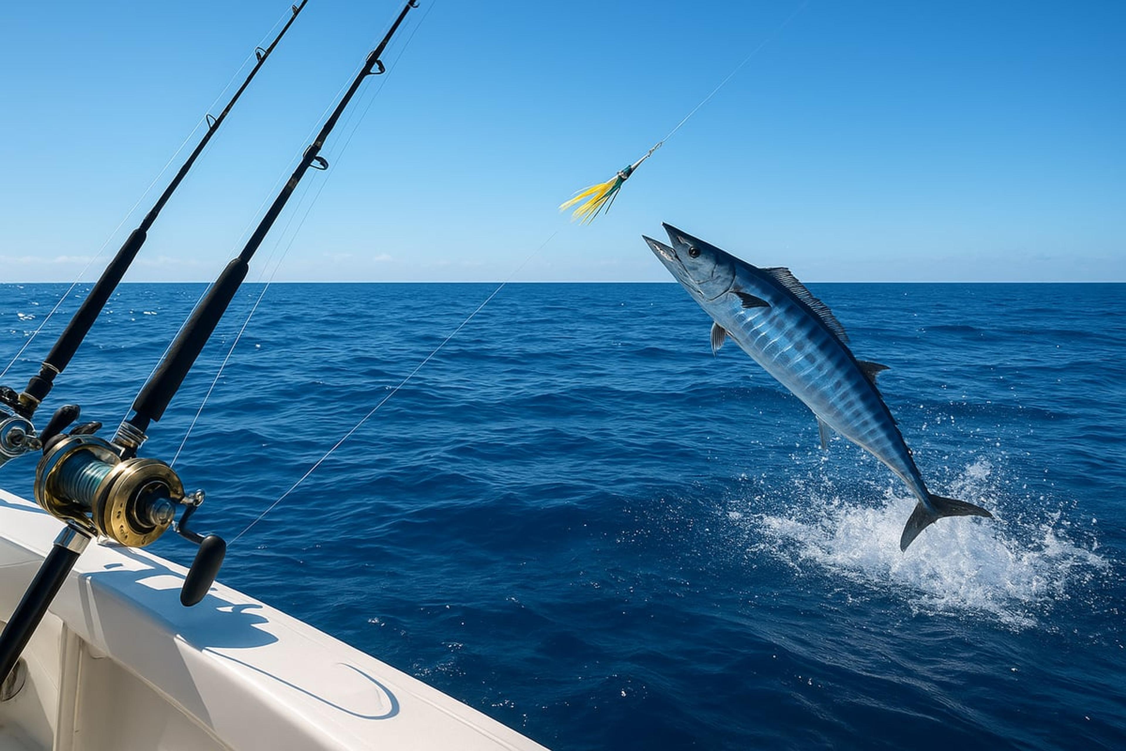Wahoo leaping out of the water toward a trolled lure behind a boat, with rods in holders