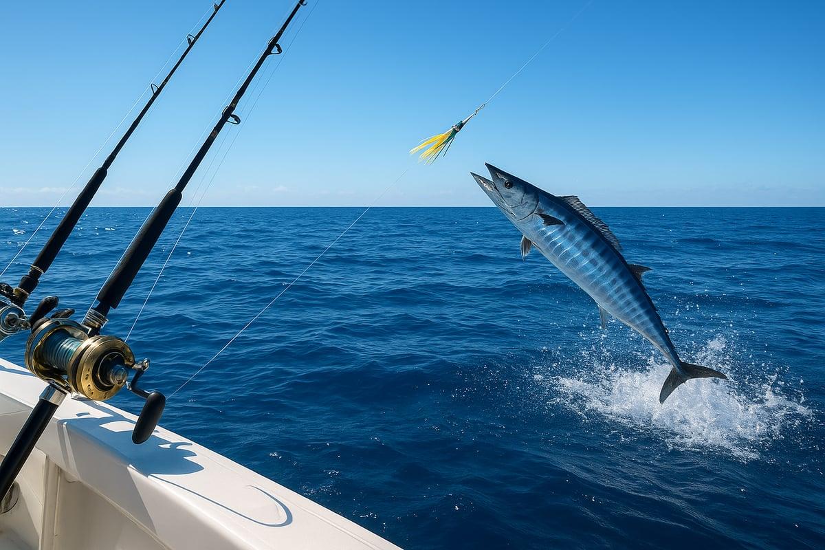 Wahoo leaping out of the water toward a trolled lure behind a boat, with rods in holders