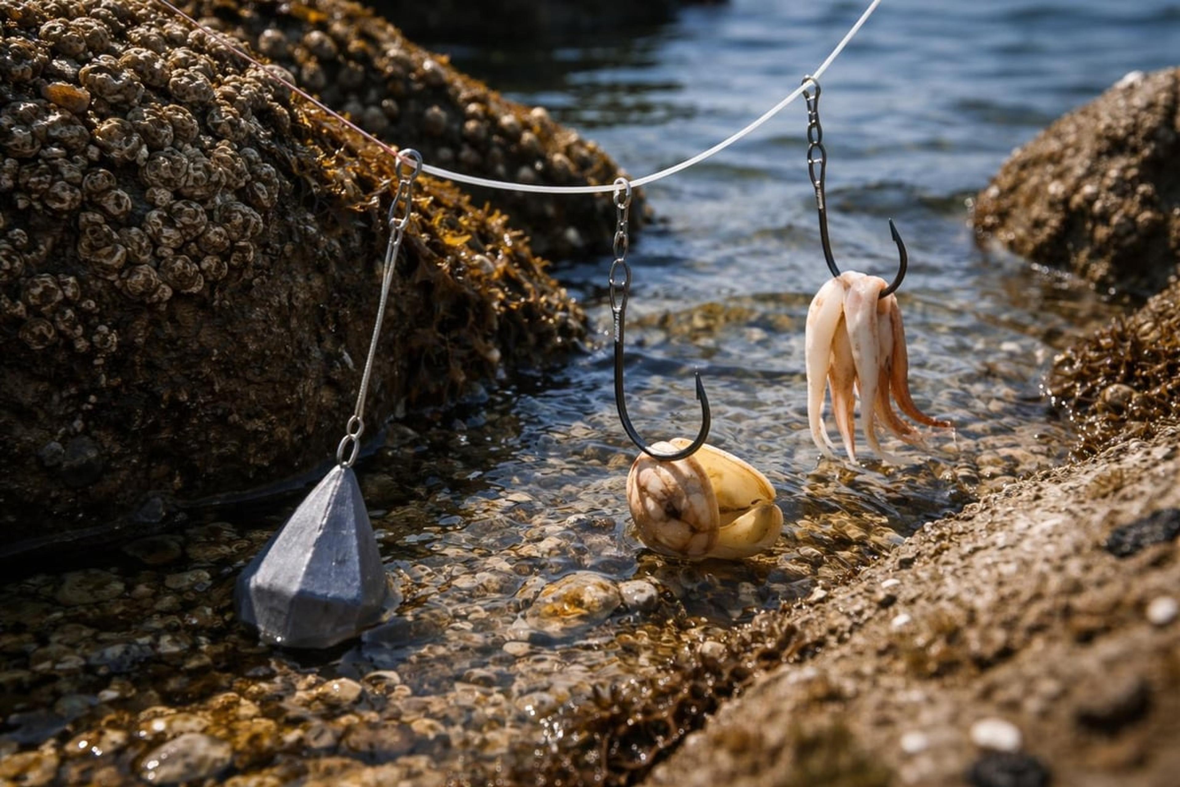 Bottom rig with a pyramid sinker and two hooks baited with a clam and a squid, hanging over barnacle-covered rocks