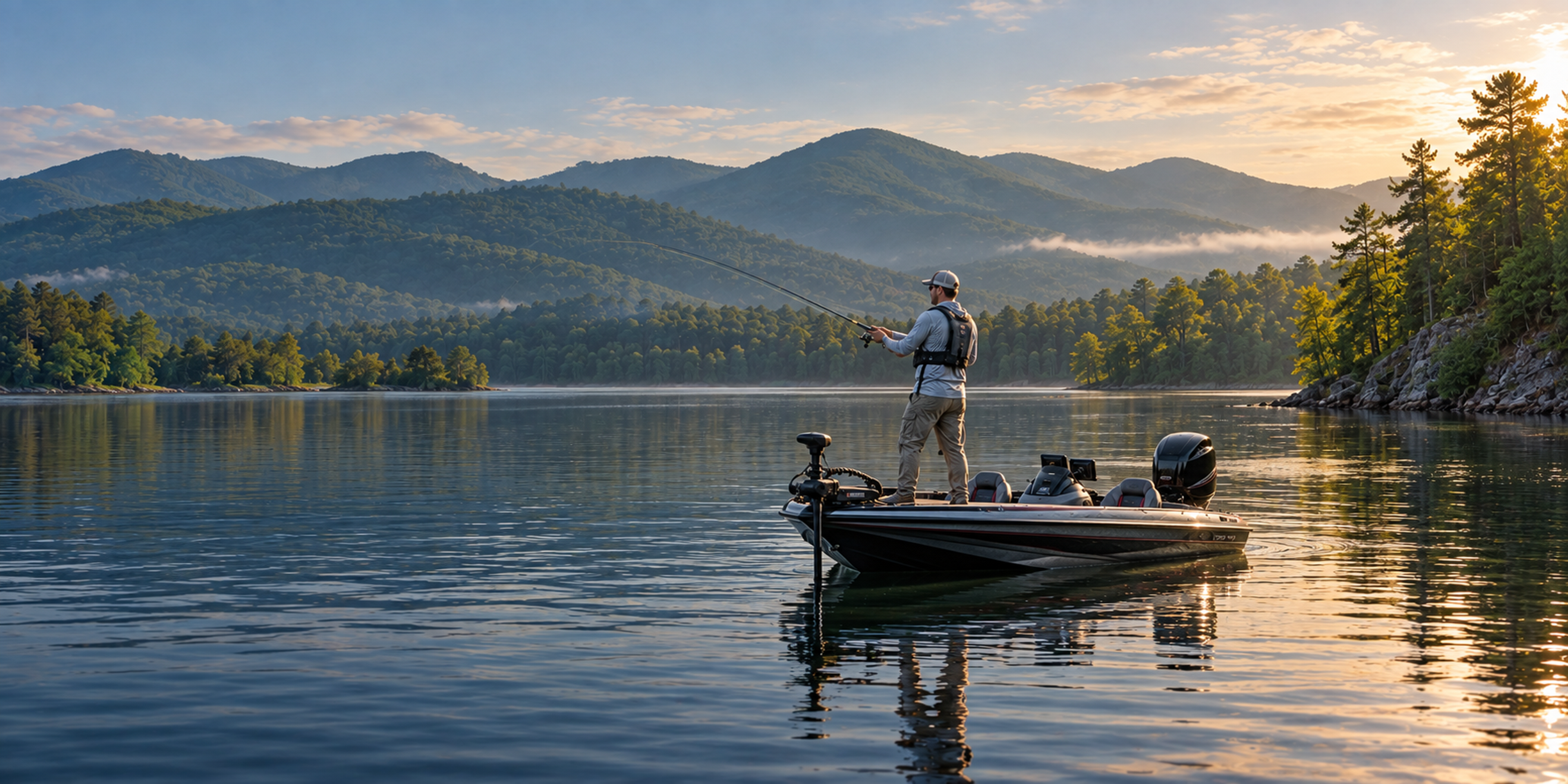 An angler casts from a bass boat on a calm lake with forested shores and layered green mountains.