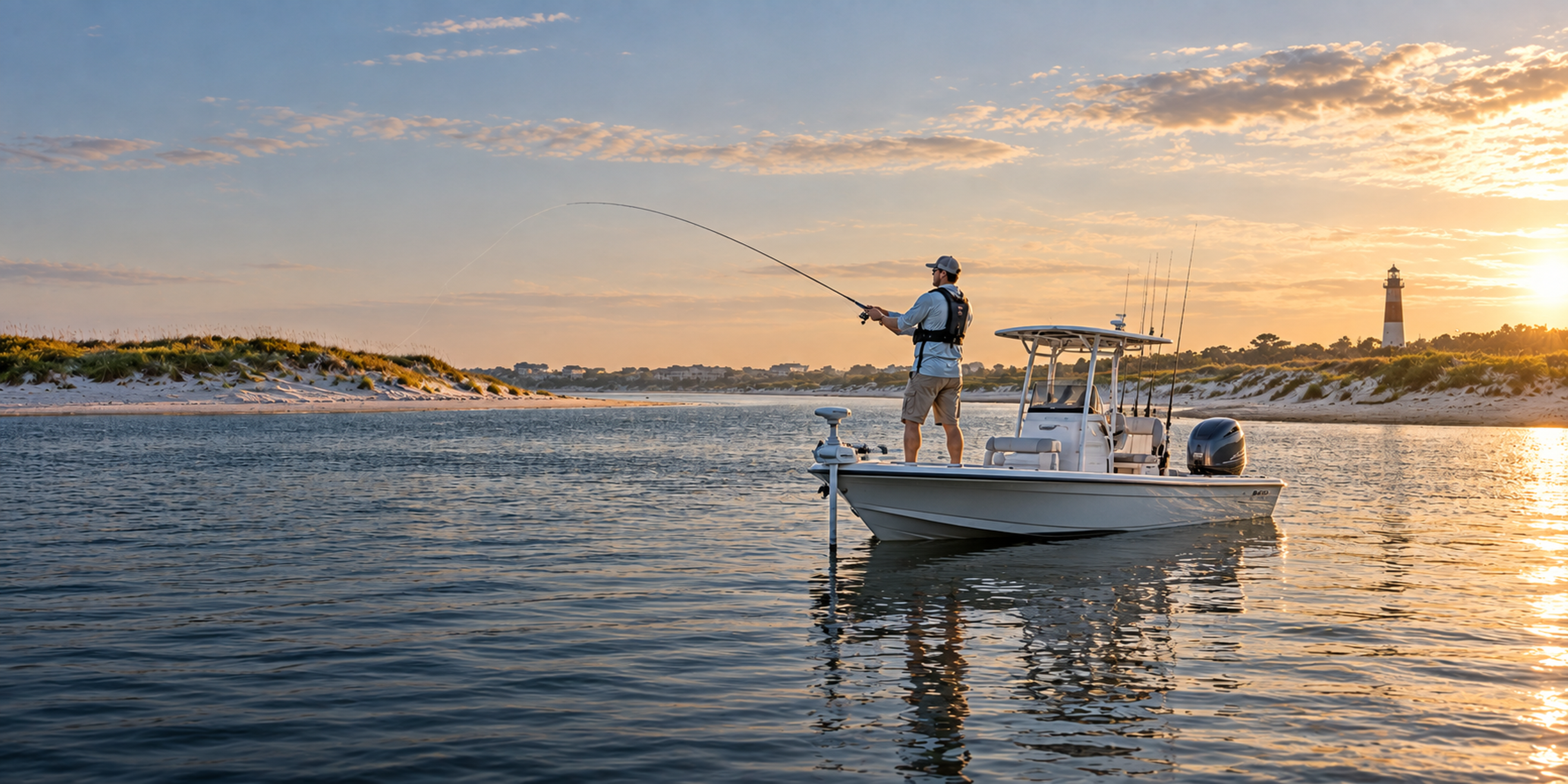 An angler casts from a center-console boat in a calm coastal bay with sandy shoreline and a lighthouse at sunset.