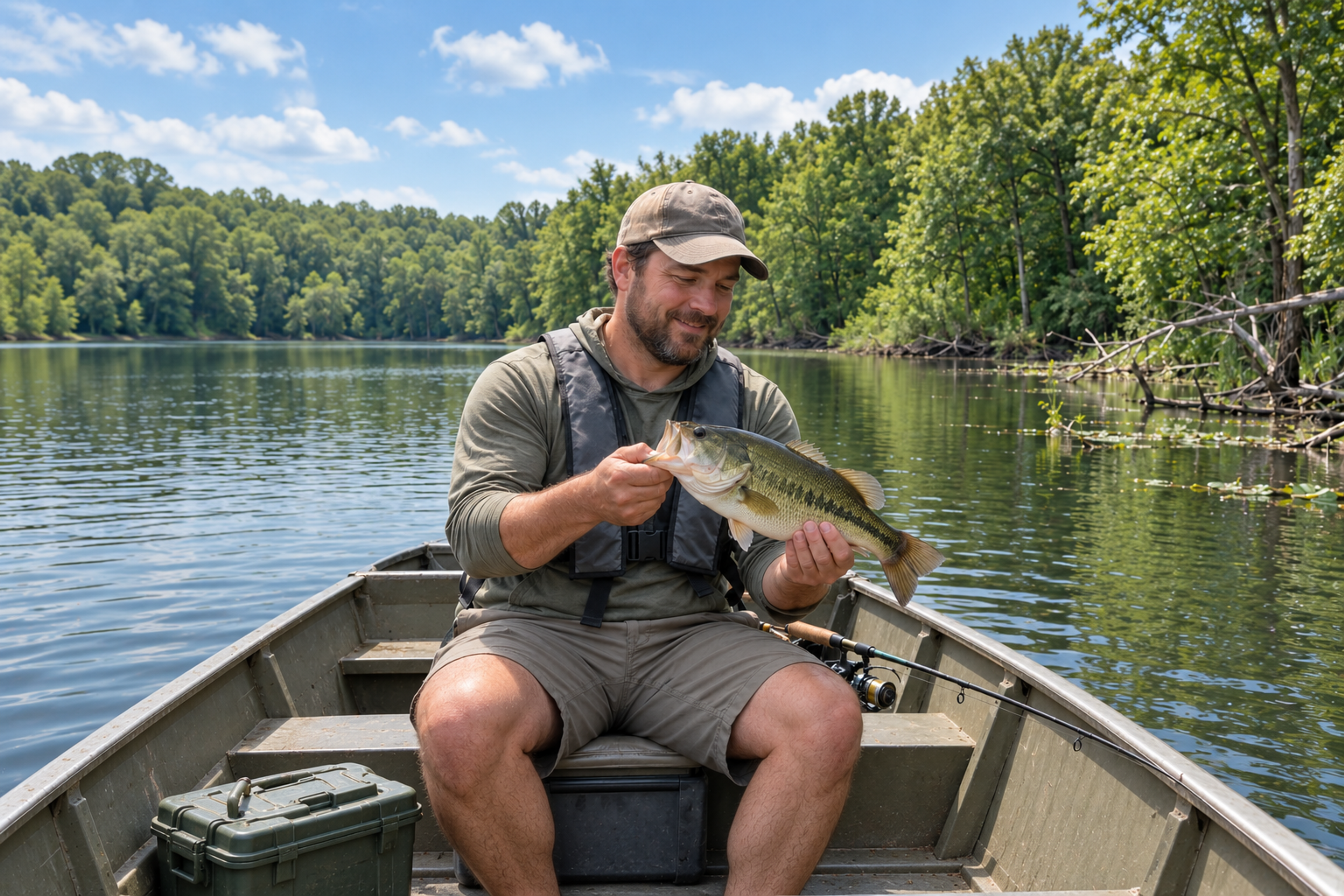 Angler holding a largemouth bass in an aluminum jon boat on a calm lake bordered by wooded shoreline and fallen timber.