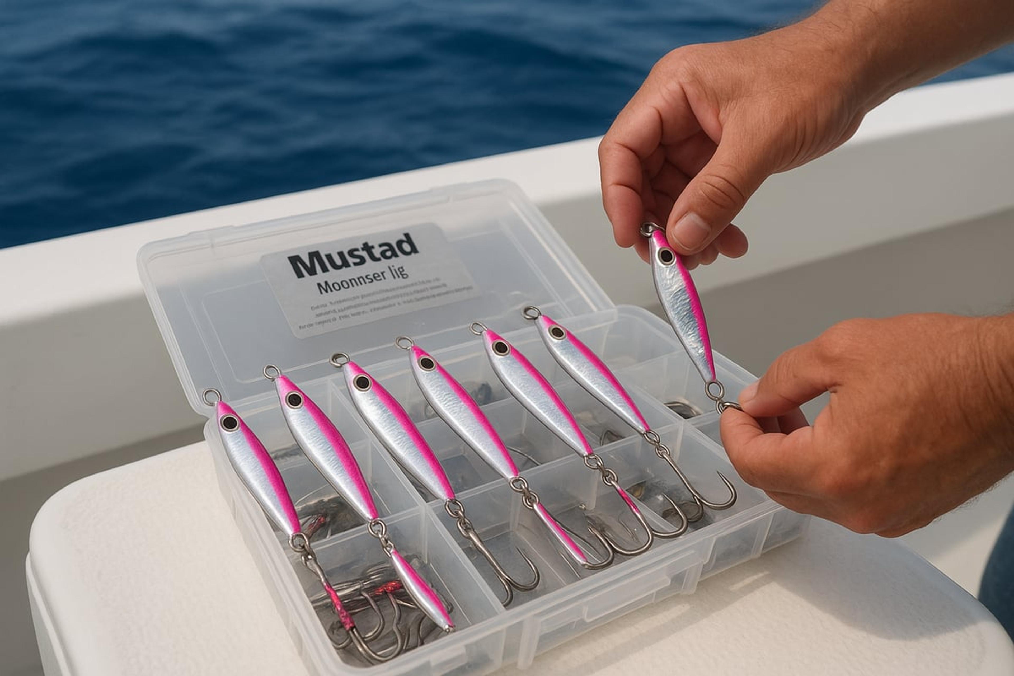 Hands taking a pink jig from a tackle box labelled Mustad Moonriser Jig on a boat