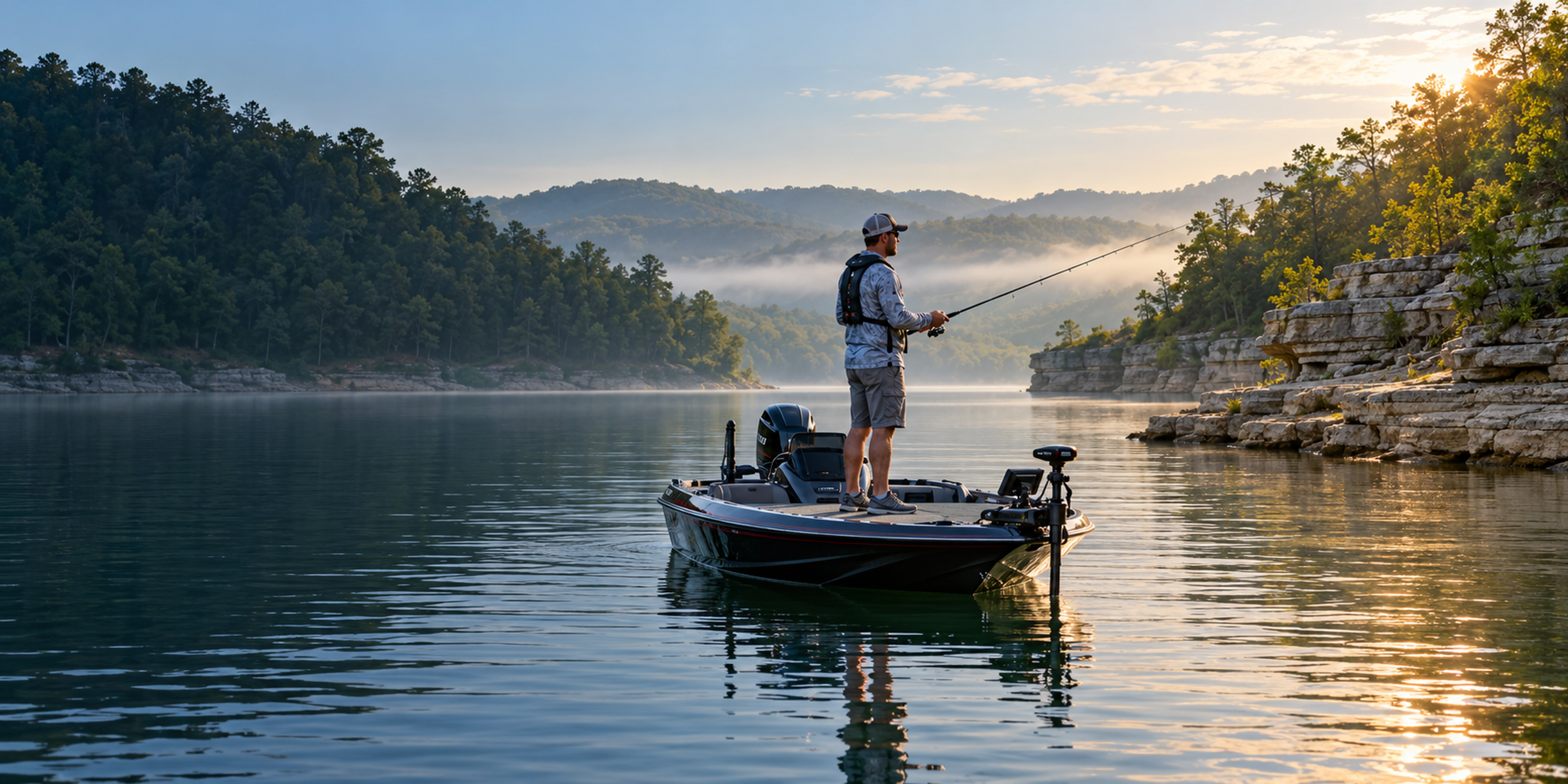 An angler casts from a bass boat on a misty lake beside layered limestone ledges and wooded hills at sunrise.