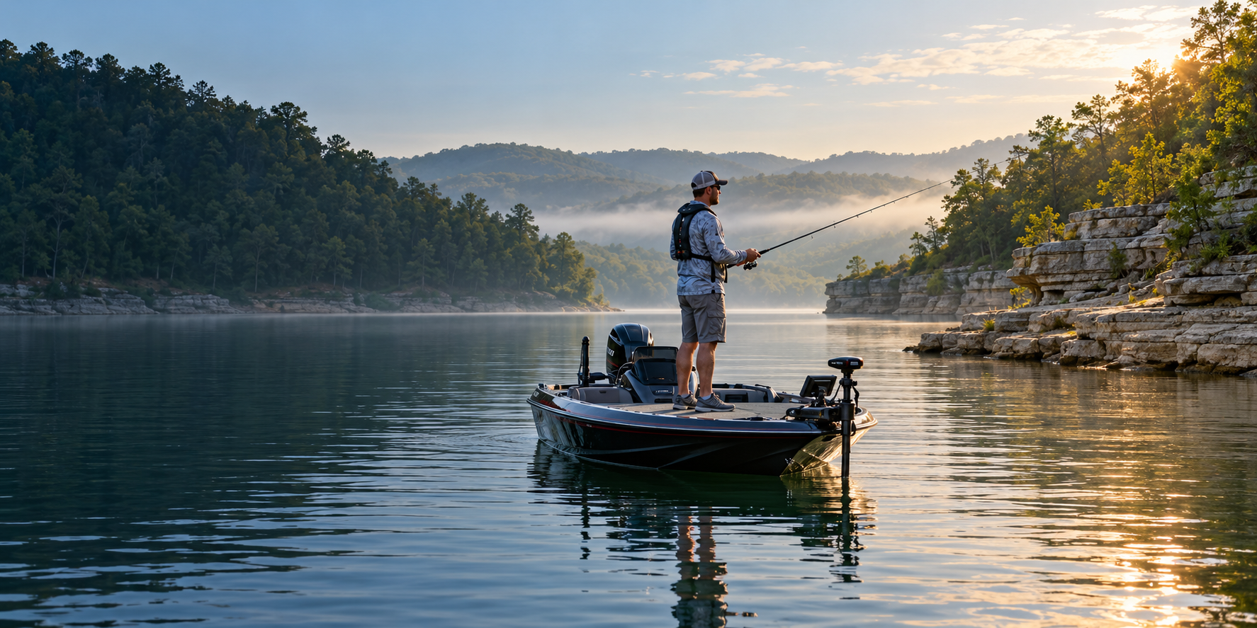 An angler casts from a bass boat on a misty lake beside layered limestone ledges and wooded hills at sunrise.