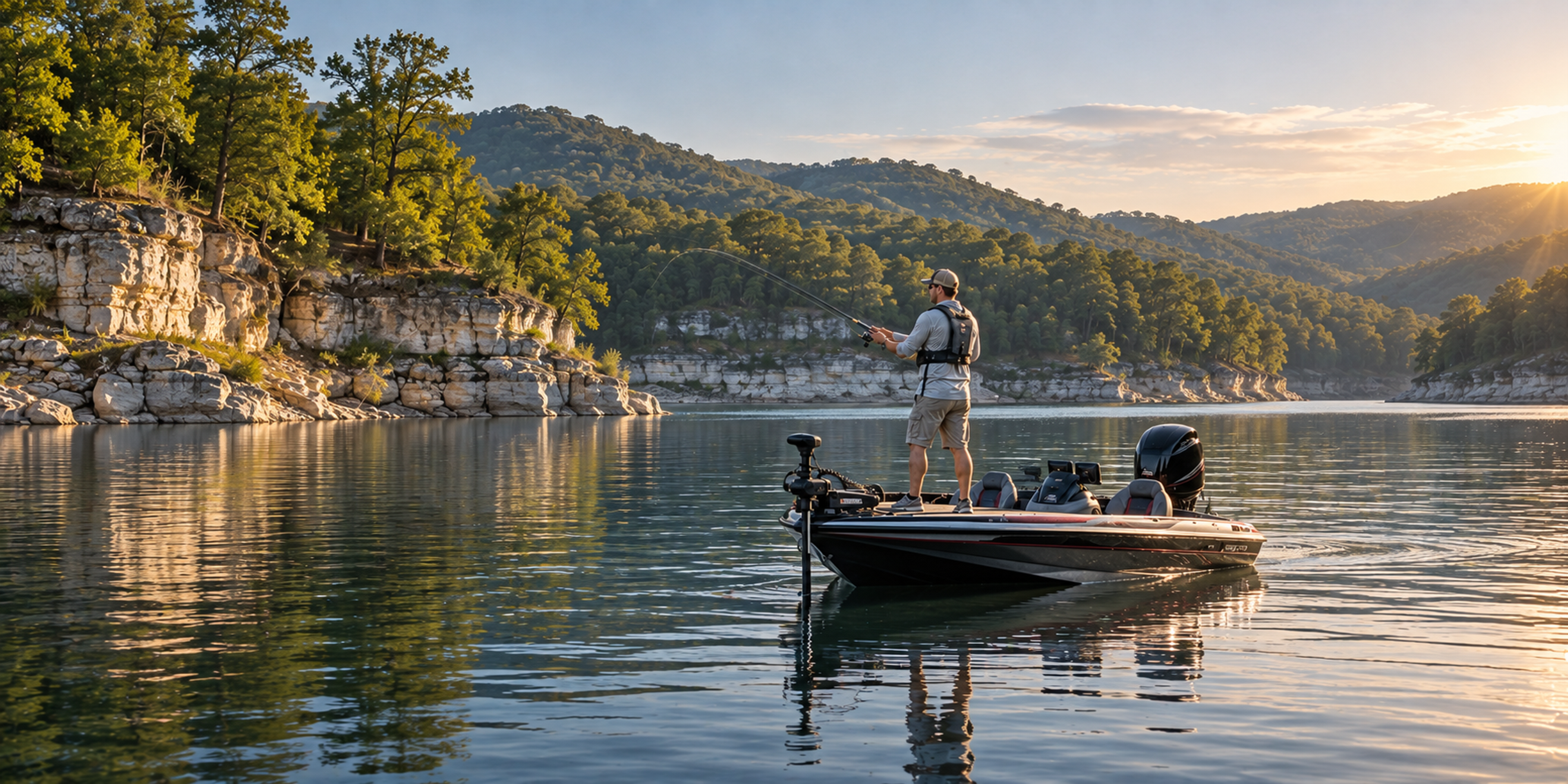 An angler casts from a bass boat on a calm reservoir below limestone bluffs and wooded hills.