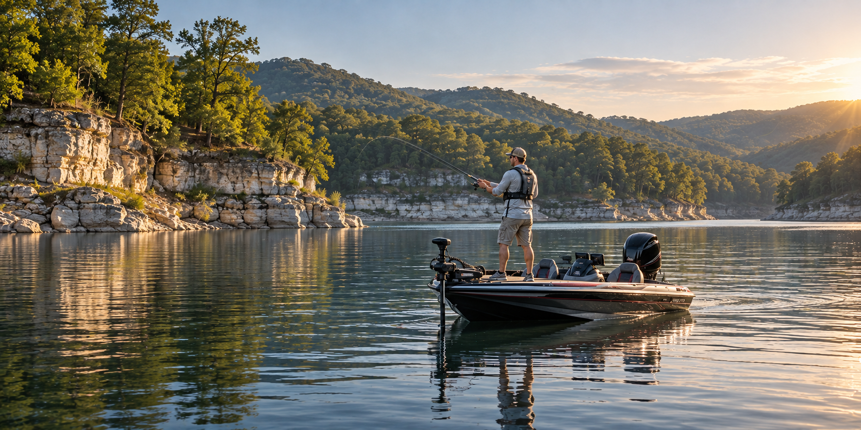 An angler casts from a bass boat on a calm reservoir below limestone bluffs and wooded hills.